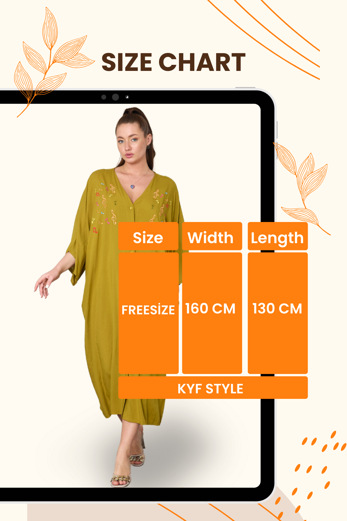 Hardal Rengi V Yaka Önü Nota Nakışlı Cepli Oversize Uzun Gömlek Elbise