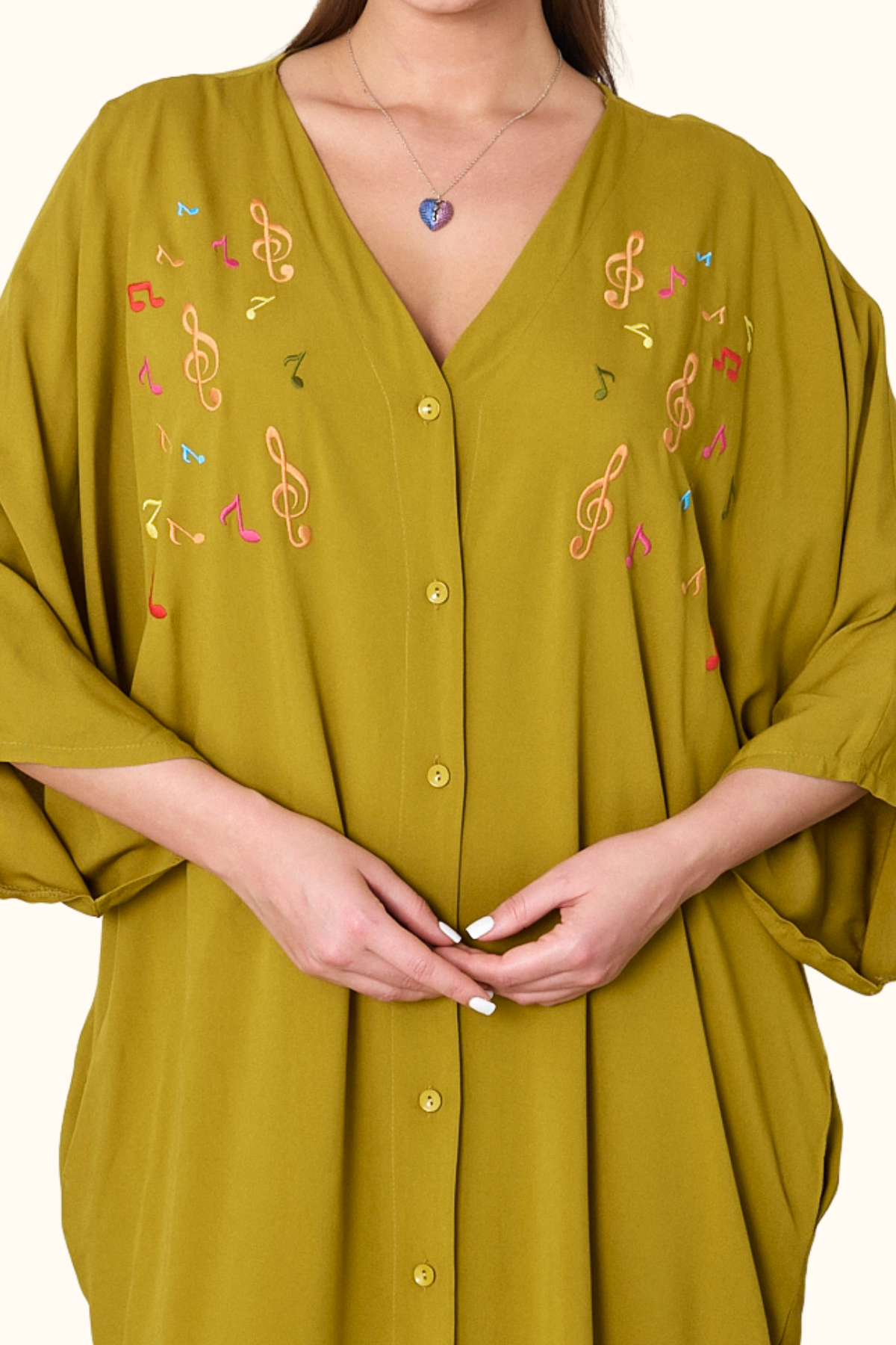 Hardal Rengi V Yaka Önü Nota Nakışlı Cepli Oversize Uzun Gömlek Elbise