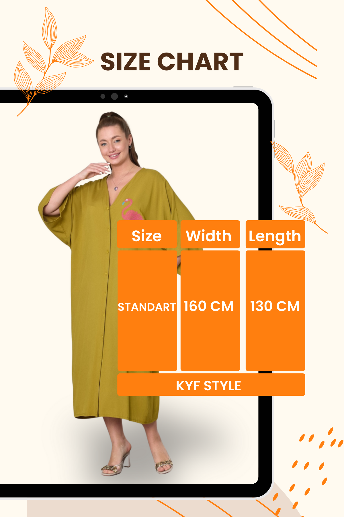 Hardal Rengi V Yaka Önü ve Sırtı Flamingo Nakışlı Cepli Oversize Uzun Gömlek Elbise