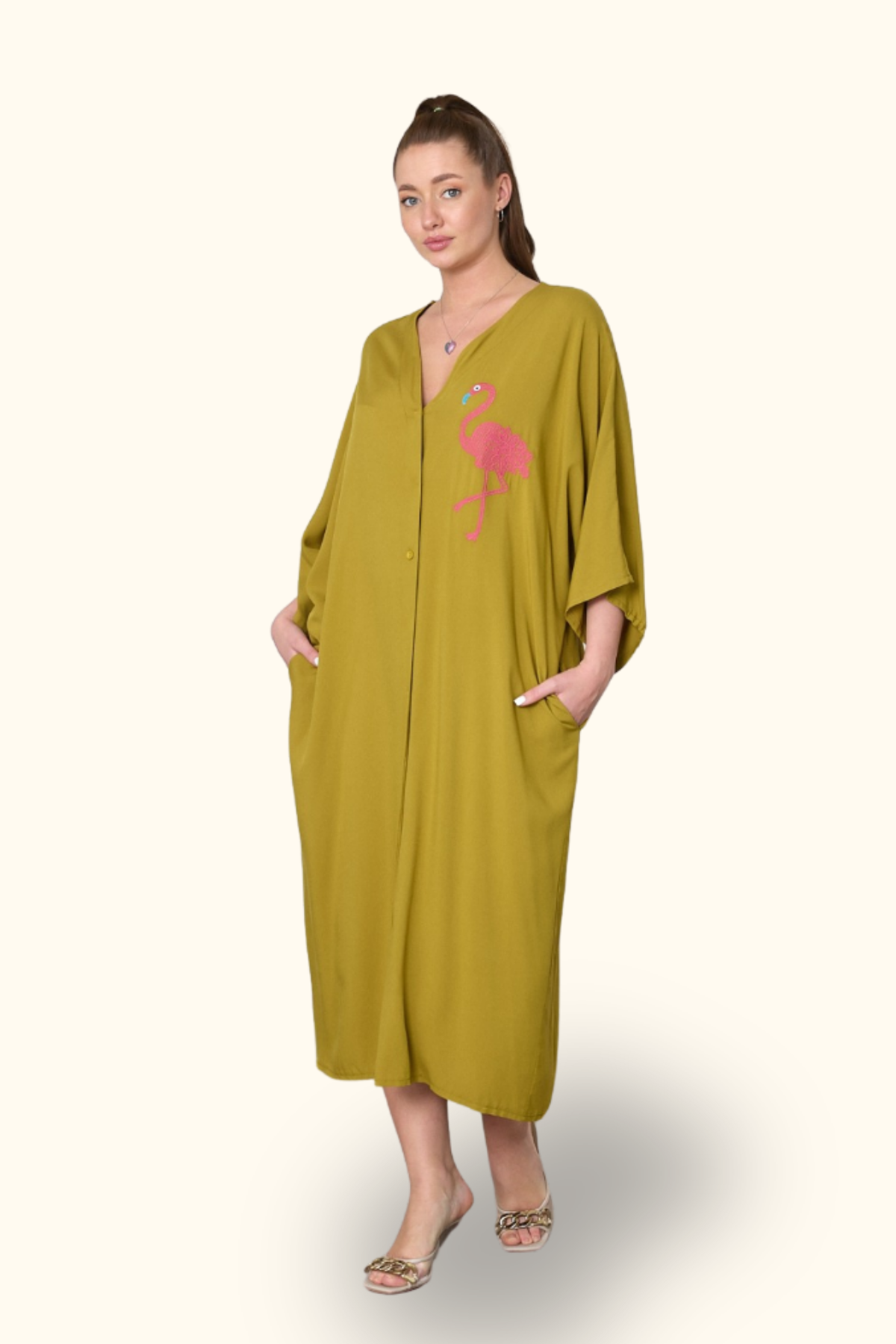 Hardal Rengi V Yaka Önü ve Sırtı Flamingo Nakışlı Cepli Oversize Uzun Gömlek Elbise