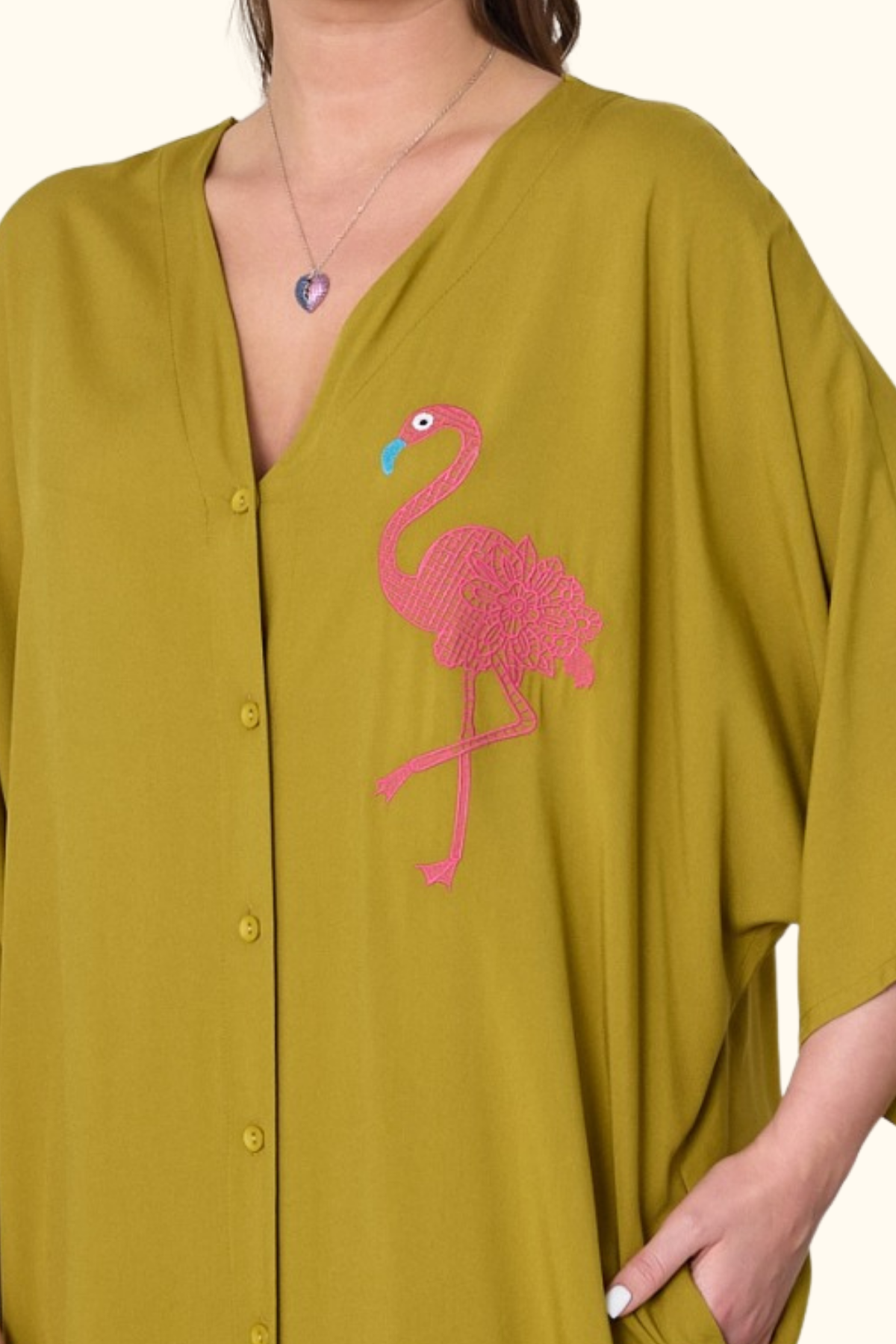 Hardal Rengi V Yaka Önü ve Sırtı Flamingo Nakışlı Cepli Oversize Uzun Gömlek Elbise