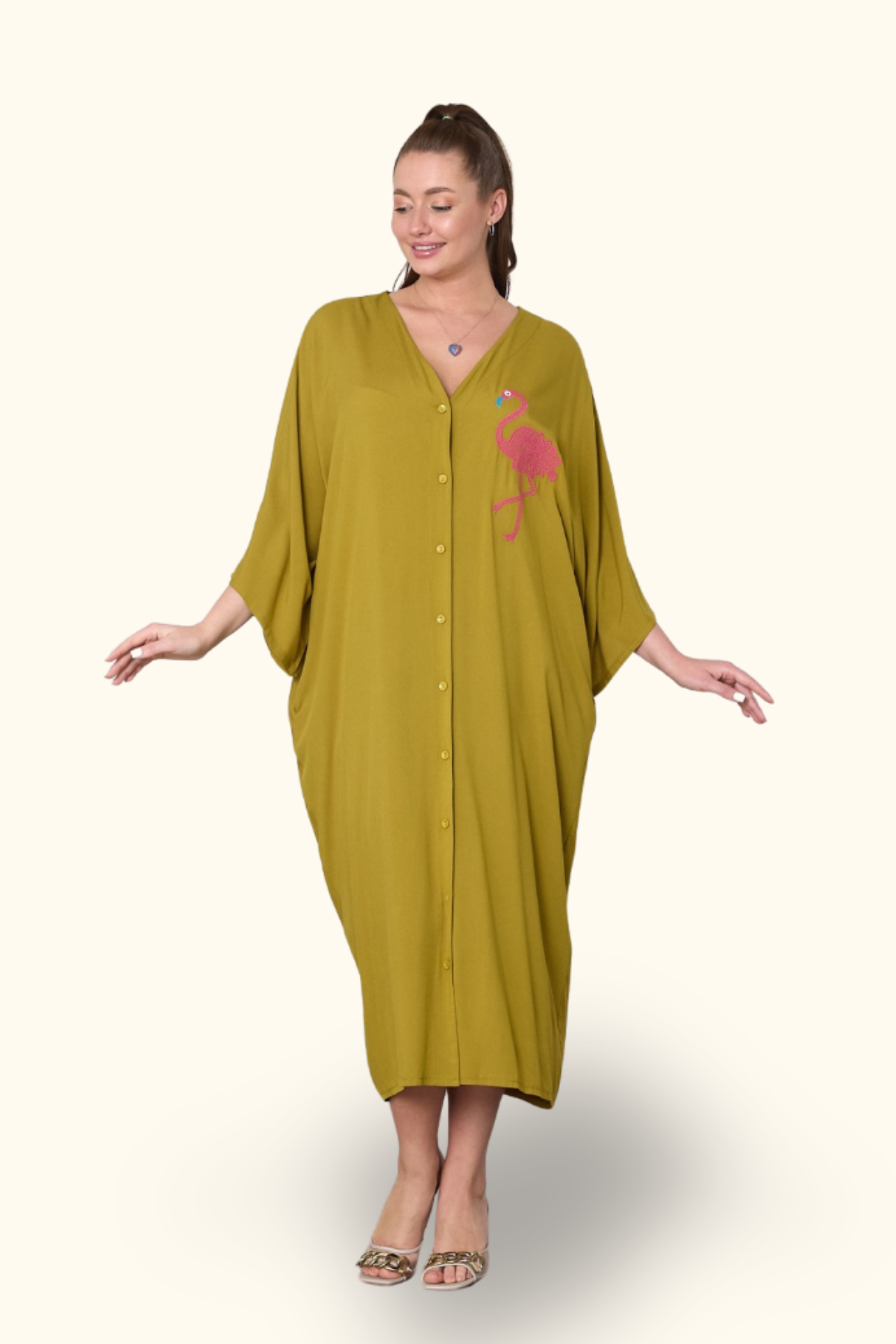 Hardal Rengi V Yaka Önü ve Sırtı Flamingo Nakışlı Cepli Oversize Uzun Gömlek Elbise