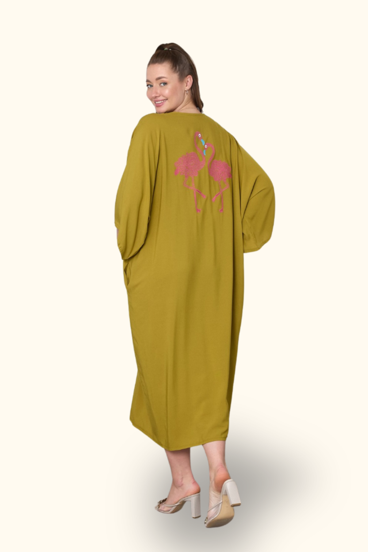 Hardal Rengi V Yaka Önü ve Sırtı Flamingo Nakışlı Cepli Oversize Uzun Gömlek Elbise