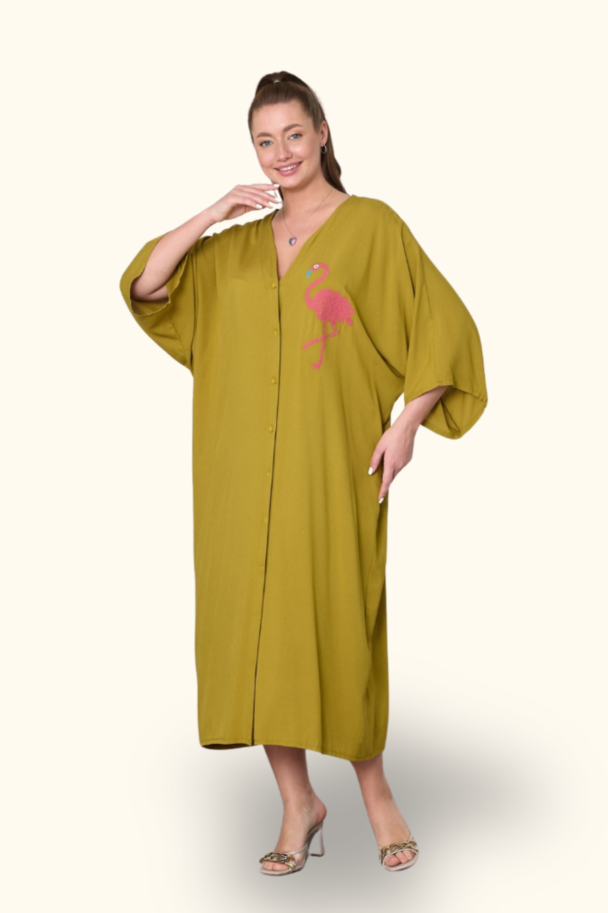 Hardal Rengi V Yaka Önü ve Sırtı Flamingo Nakışlı Cepli Oversize Uzun Gömlek Elbise