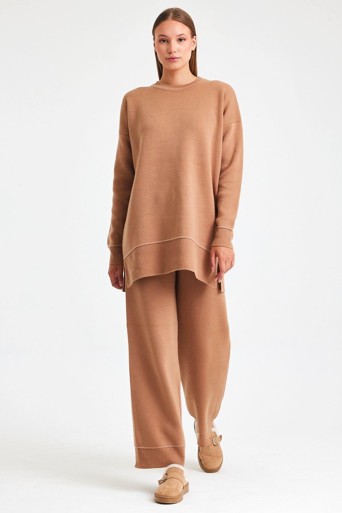 Kahverengi Bisiklet Yaka Tunik Pantolon Triko Alt Üst Takım