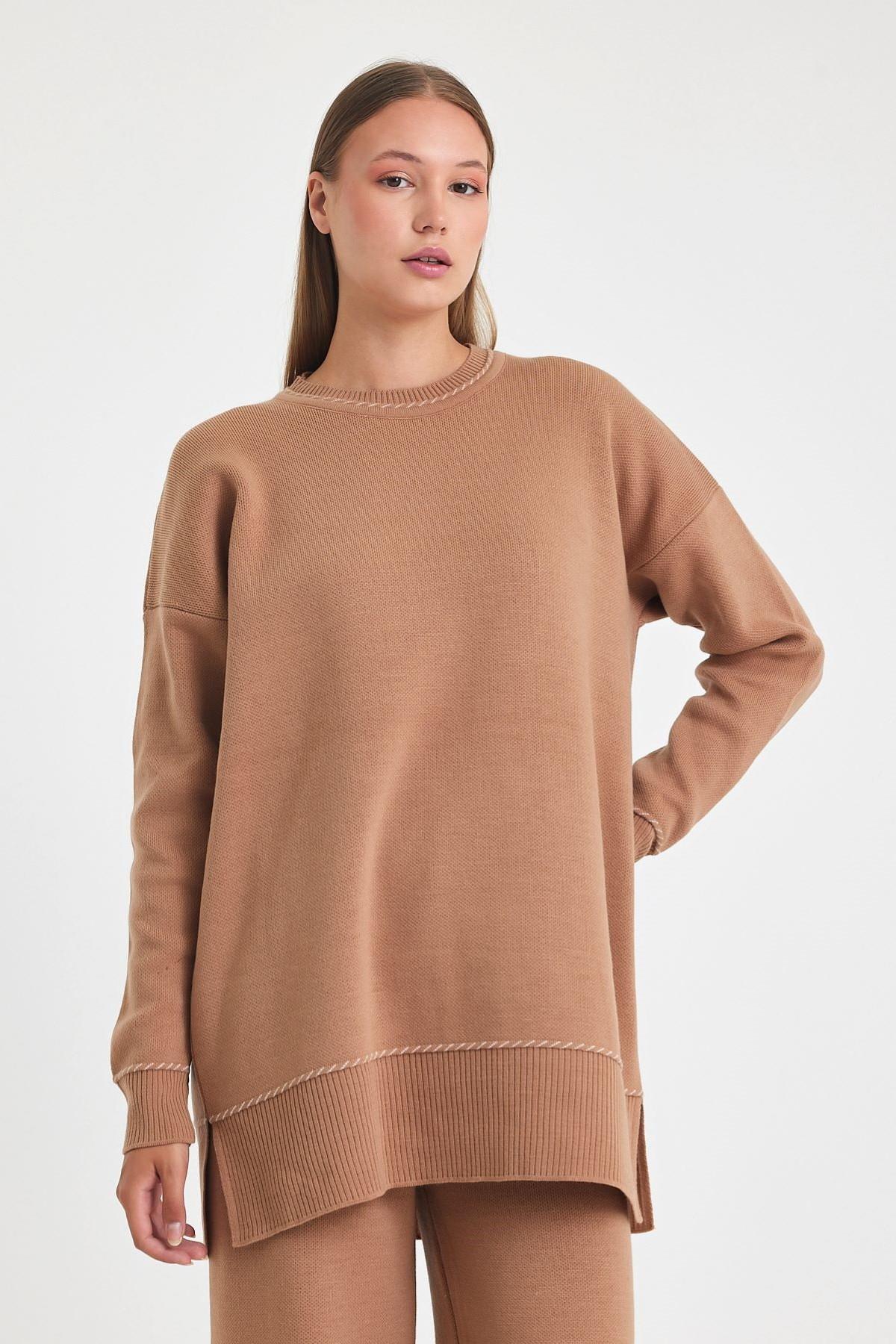 Kahverengi Bisiklet Yaka Tunik Pantolon Triko Alt Üst Takım