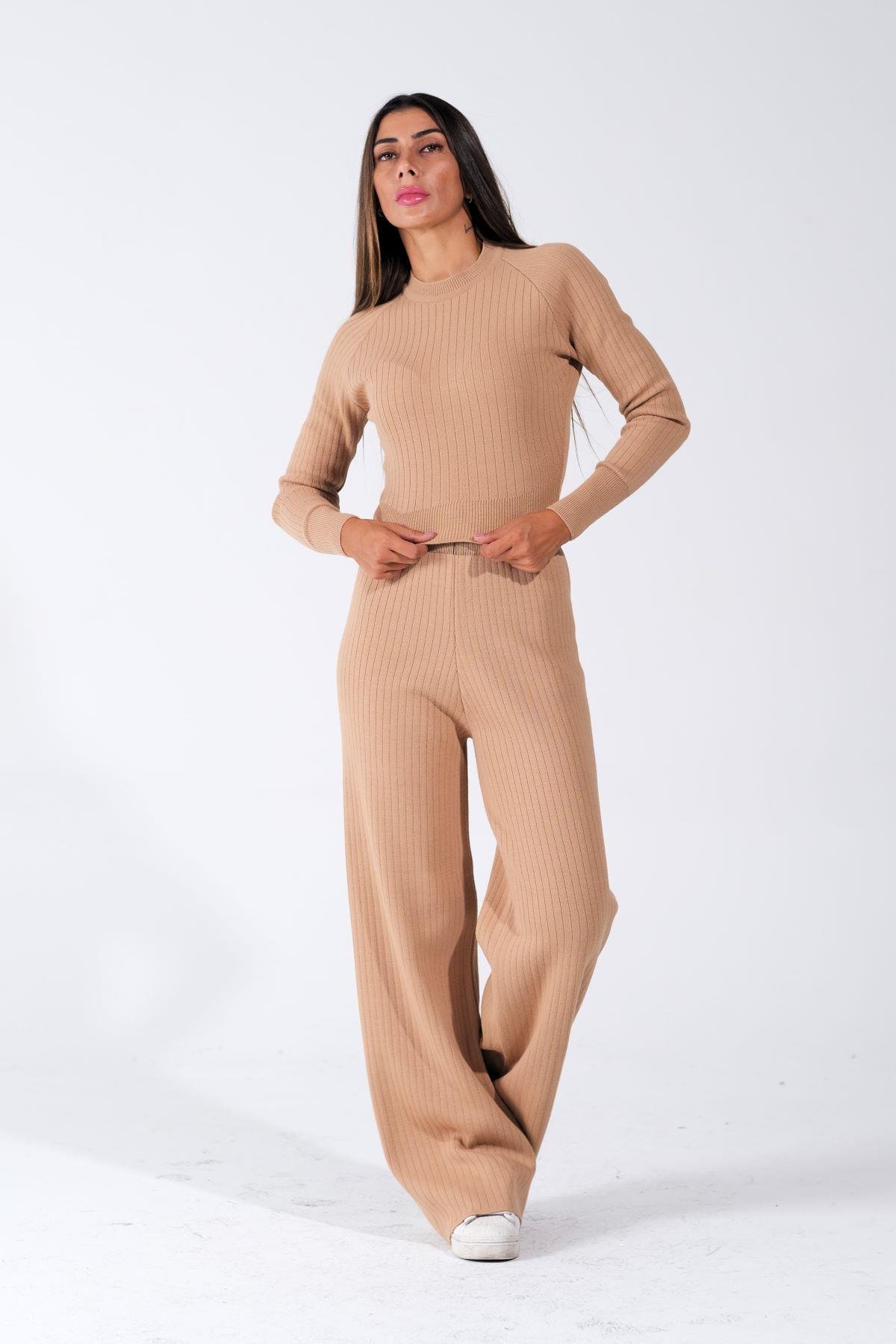 Kahverengi Bisiklet Yaka Tunik Pantolon İkili Triko Alt Üst Takım