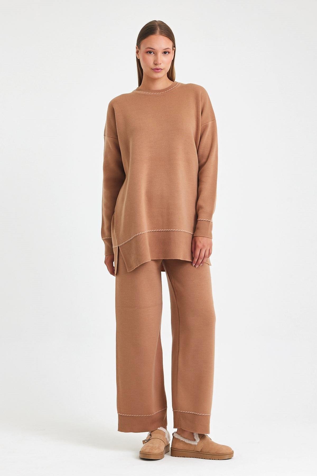 Kahverengi Bisiklet Yaka Tunik Pantolon Triko Alt Üst Takım