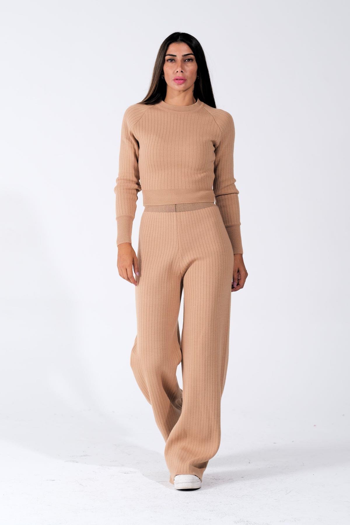 Kahverengi Bisiklet Yaka Tunik Pantolon İkili Triko Alt Üst Takım