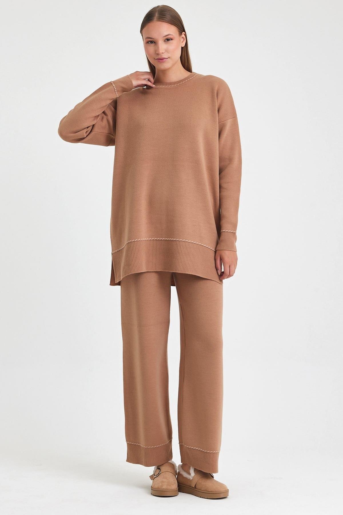Kahverengi Bisiklet Yaka Tunik Pantolon Triko Alt Üst Takım