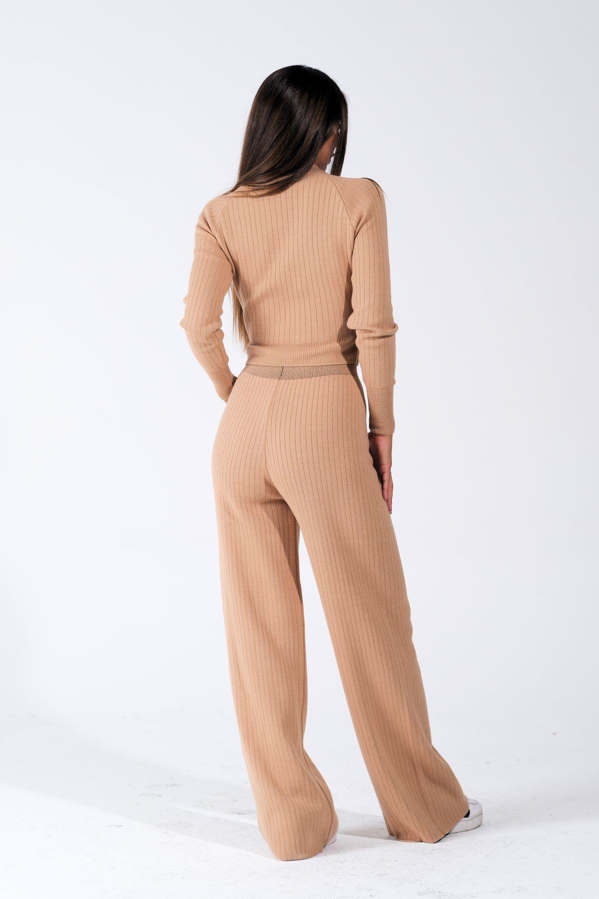 Kahverengi Bisiklet Yaka Tunik Pantolon İkili Triko Alt Üst Takım