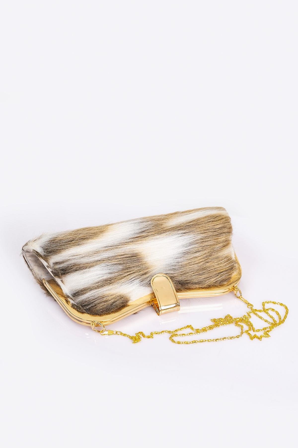 Kahverengi Desenli Suni Kürk Zincirli El ve Omuz Clutch Portföy Çanta