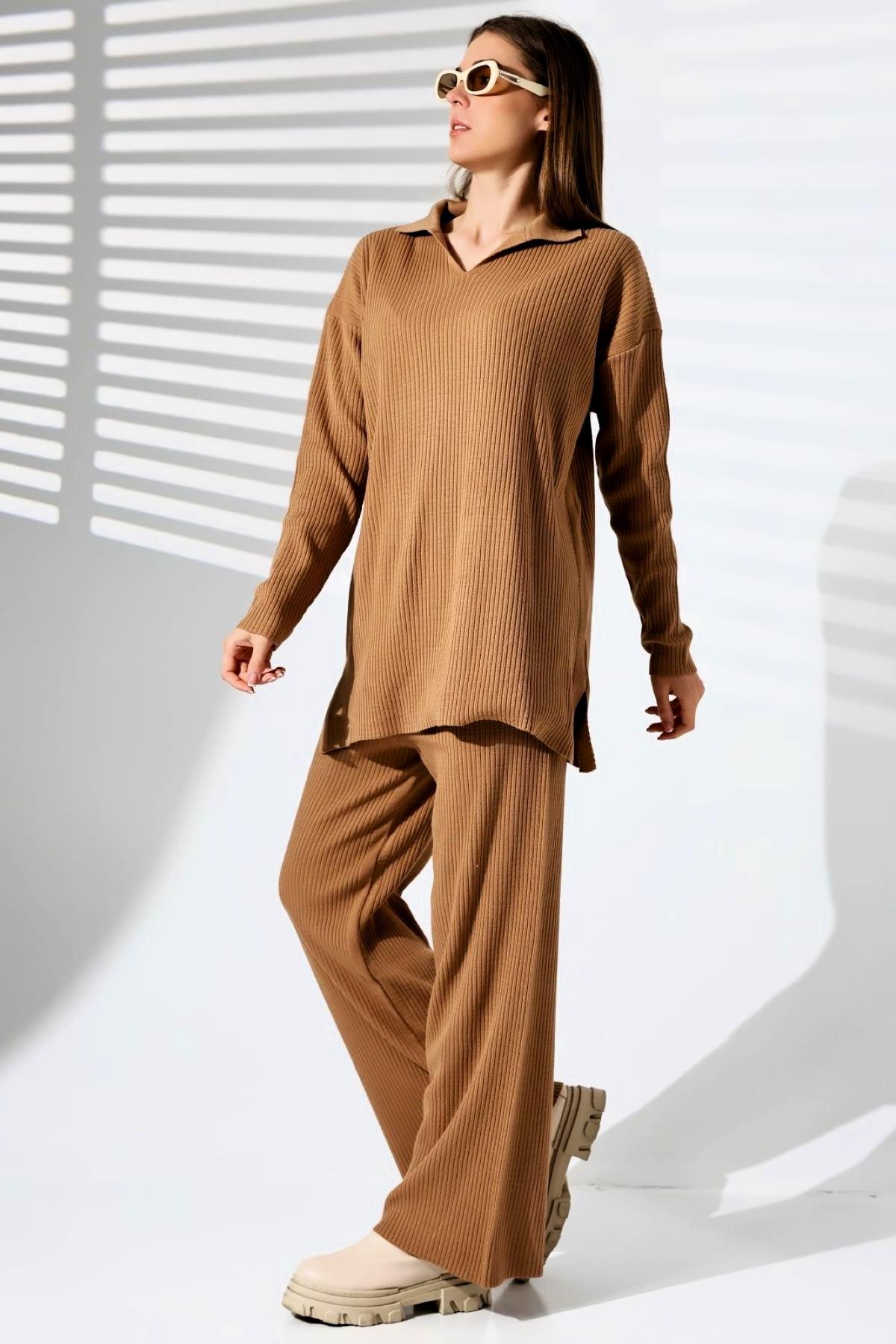 Kahverengi V Yaka Fitilli Tunik Pantolon Triko Alt Üst Takım