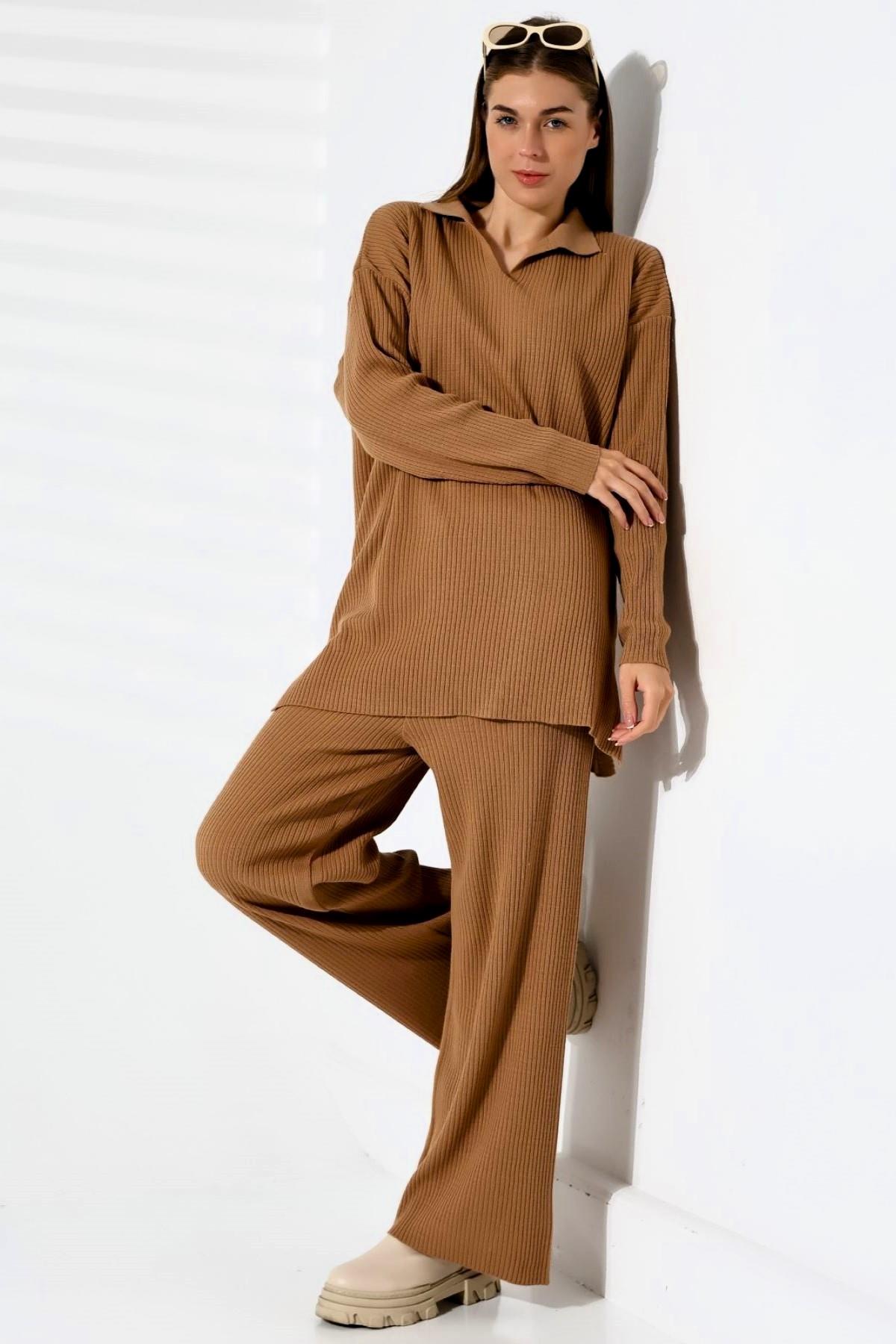 Kahverengi V Yaka Fitilli Tunik Pantolon Triko Alt Üst Takım