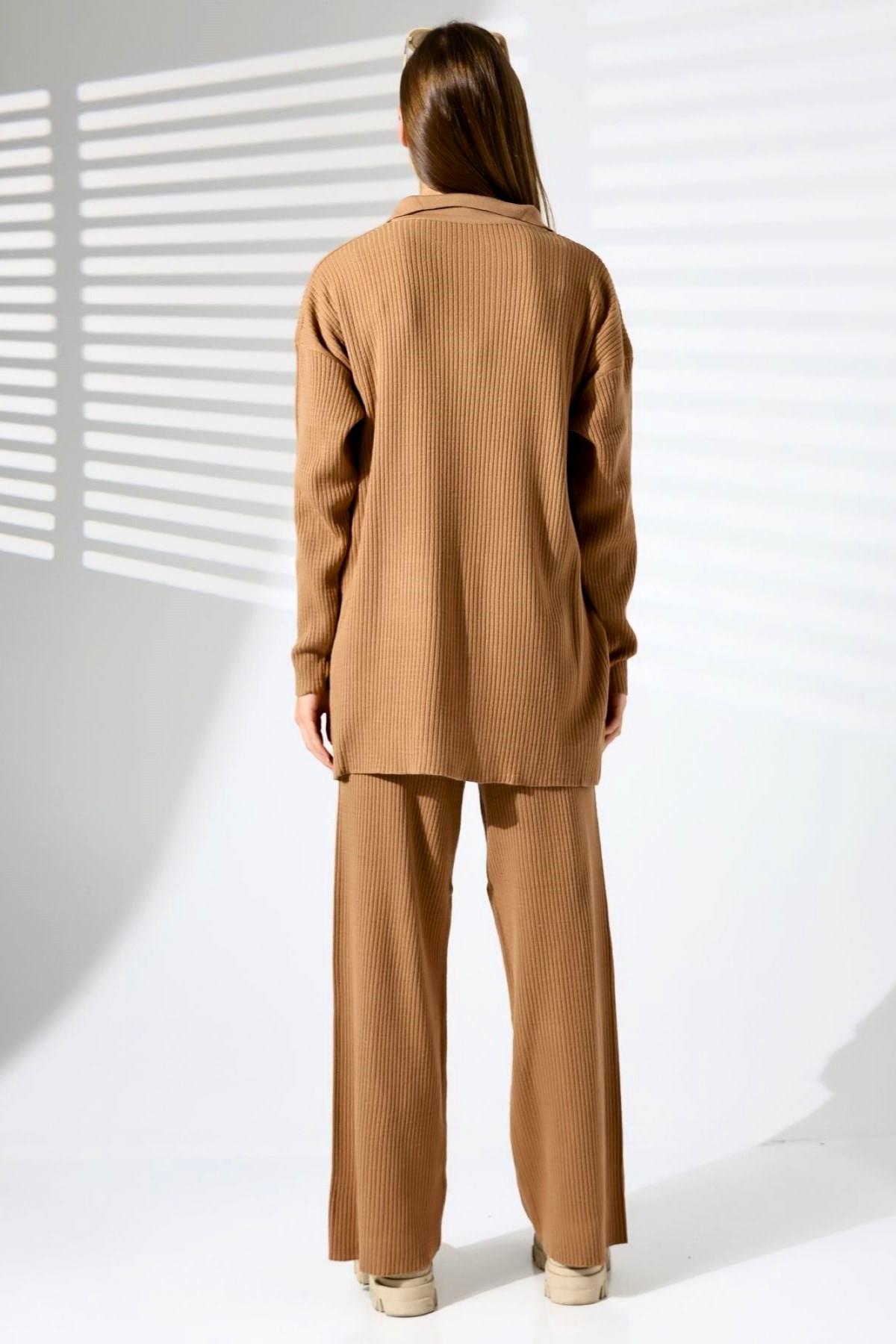 Kahverengi V Yaka Fitilli Tunik Pantolon Triko Alt Üst Takım