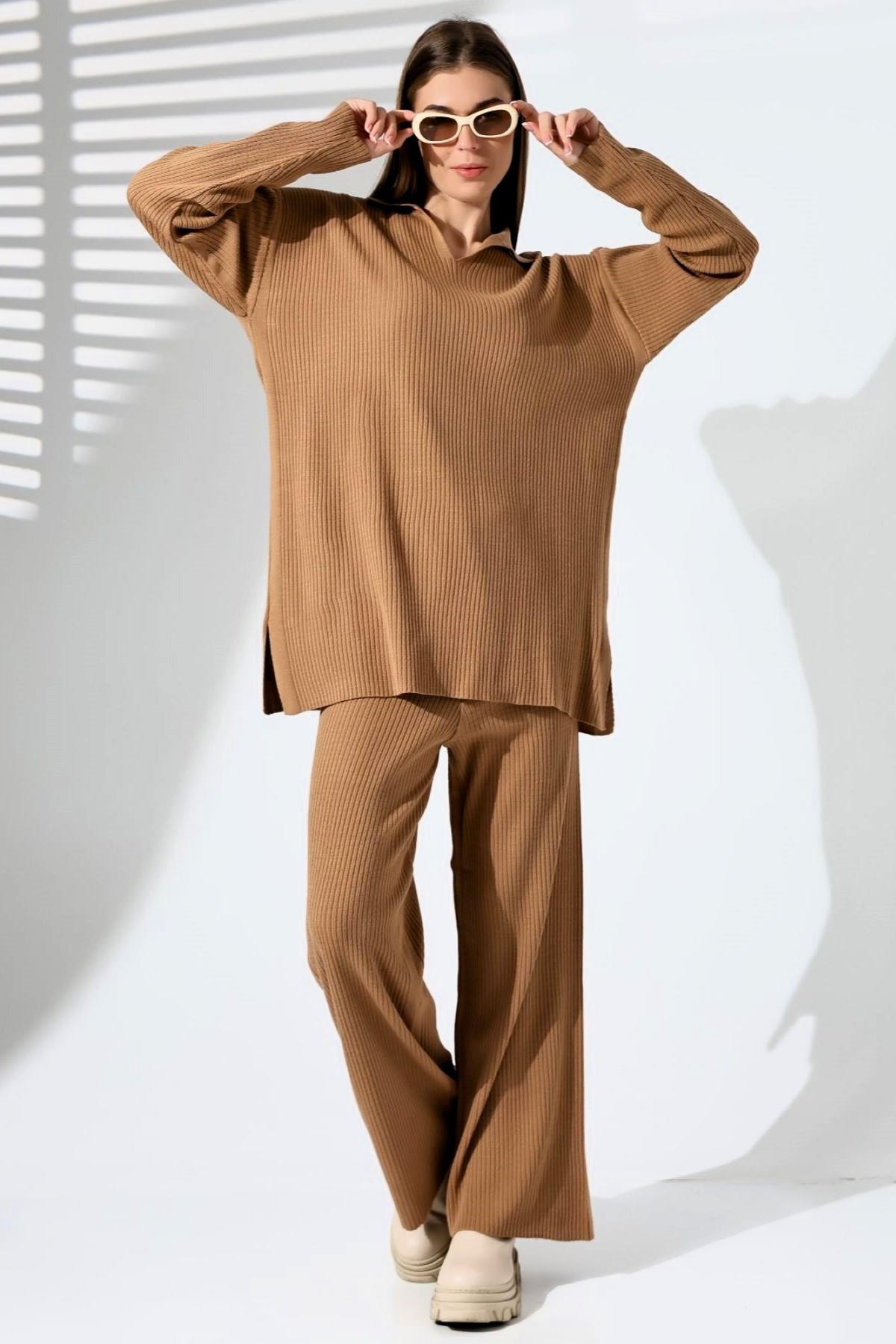 Kahverengi V Yaka Fitilli Tunik Pantolon Triko Alt Üst Takım