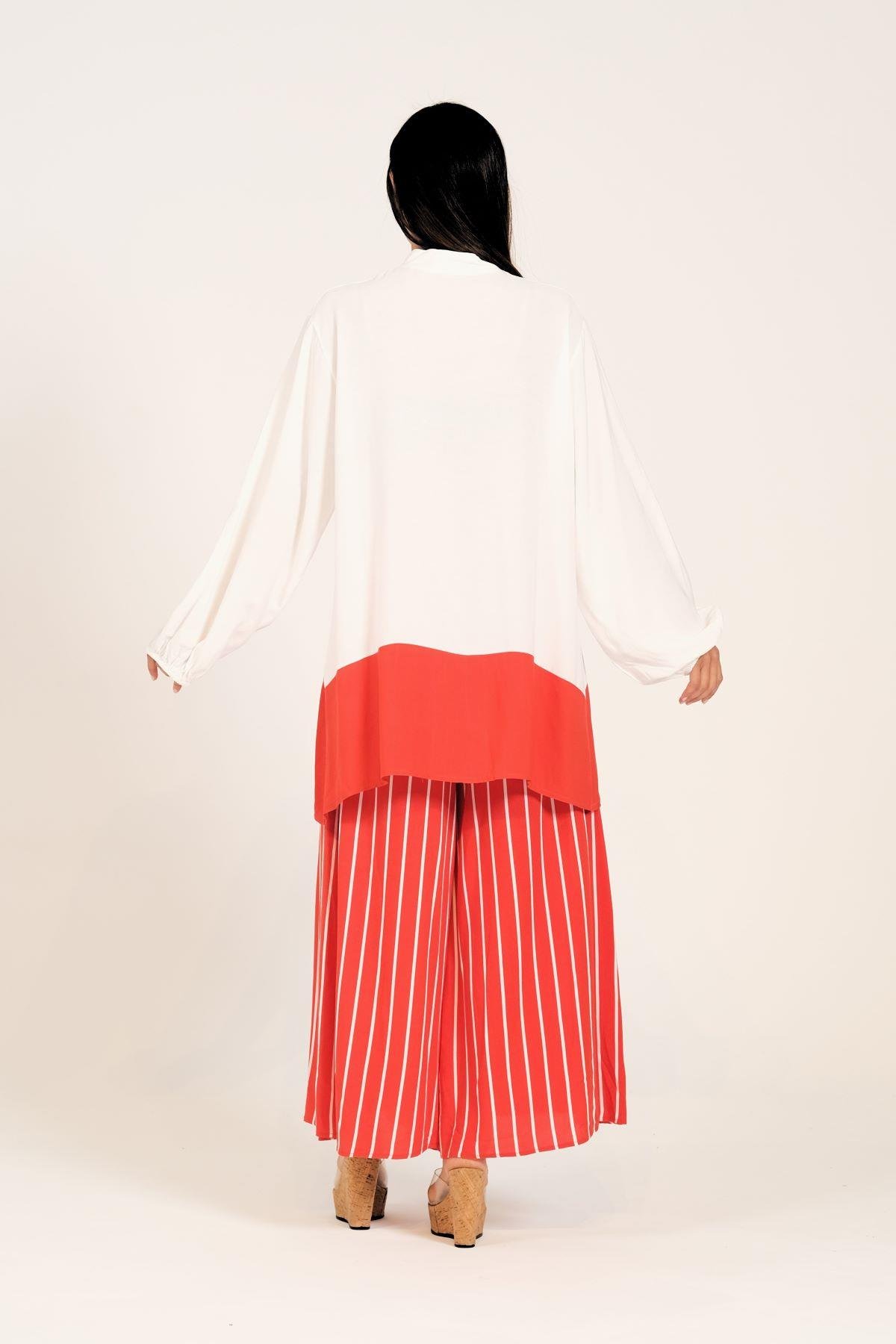 Kiremit Rengi Desenli Püsküllü Pantolonu Çizgili Cepli Tunik Pantolon İkili Takım