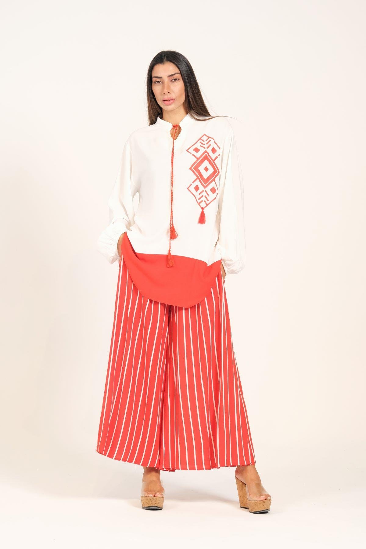 Kiremit Rengi Desenli Püsküllü Pantolonu Çizgili Cepli Tunik Pantolon İkili Takım