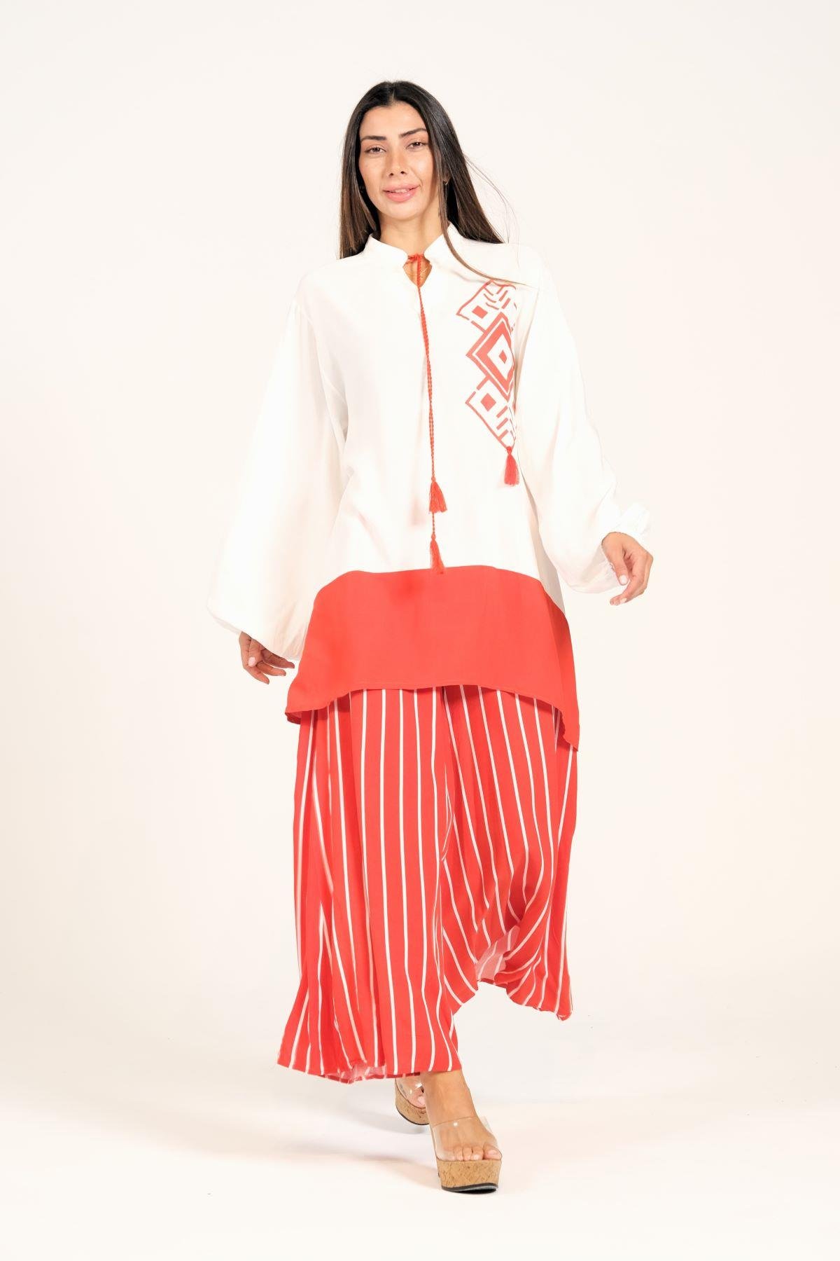 Kiremit Rengi Desenli Püsküllü Pantolonu Çizgili Cepli Tunik Pantolon İkili Takım