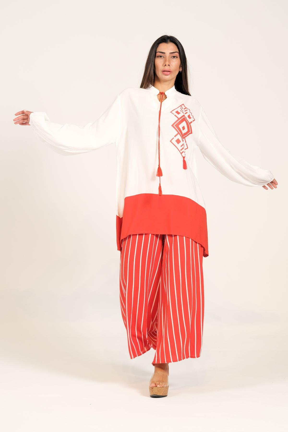 Kiremit Rengi Desenli Püsküllü Pantolonu Çizgili Cepli Tunik Pantolon İkili Takım