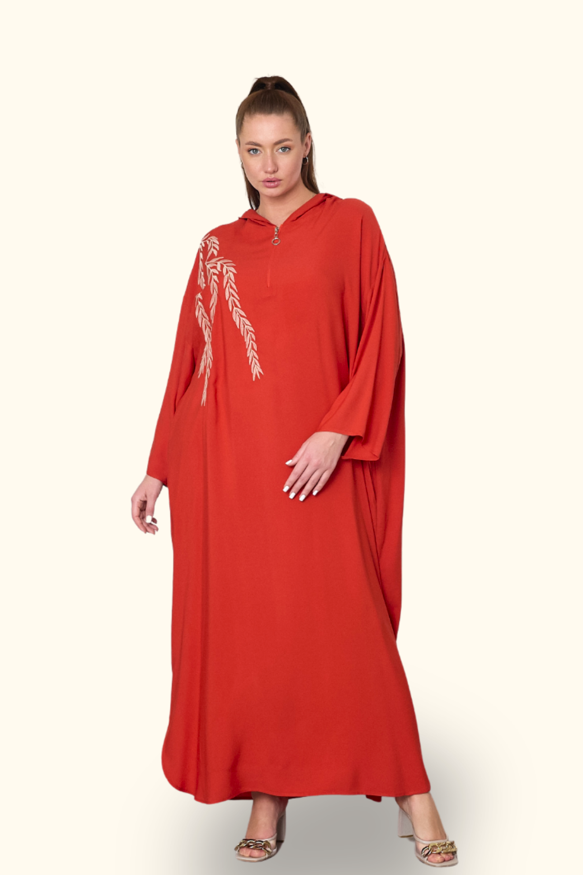 Kiremit Rengi Kapüşonlu Nakışlı Cepli Oversize Uzun Elbise