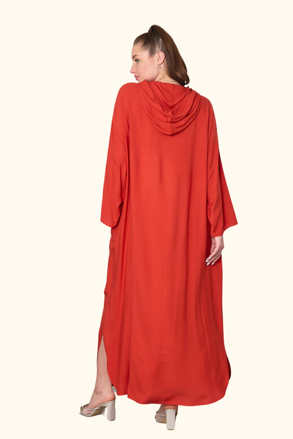 Kiremit Rengi Kapüşonlu Nakışlı Cepli Oversize Uzun Elbise