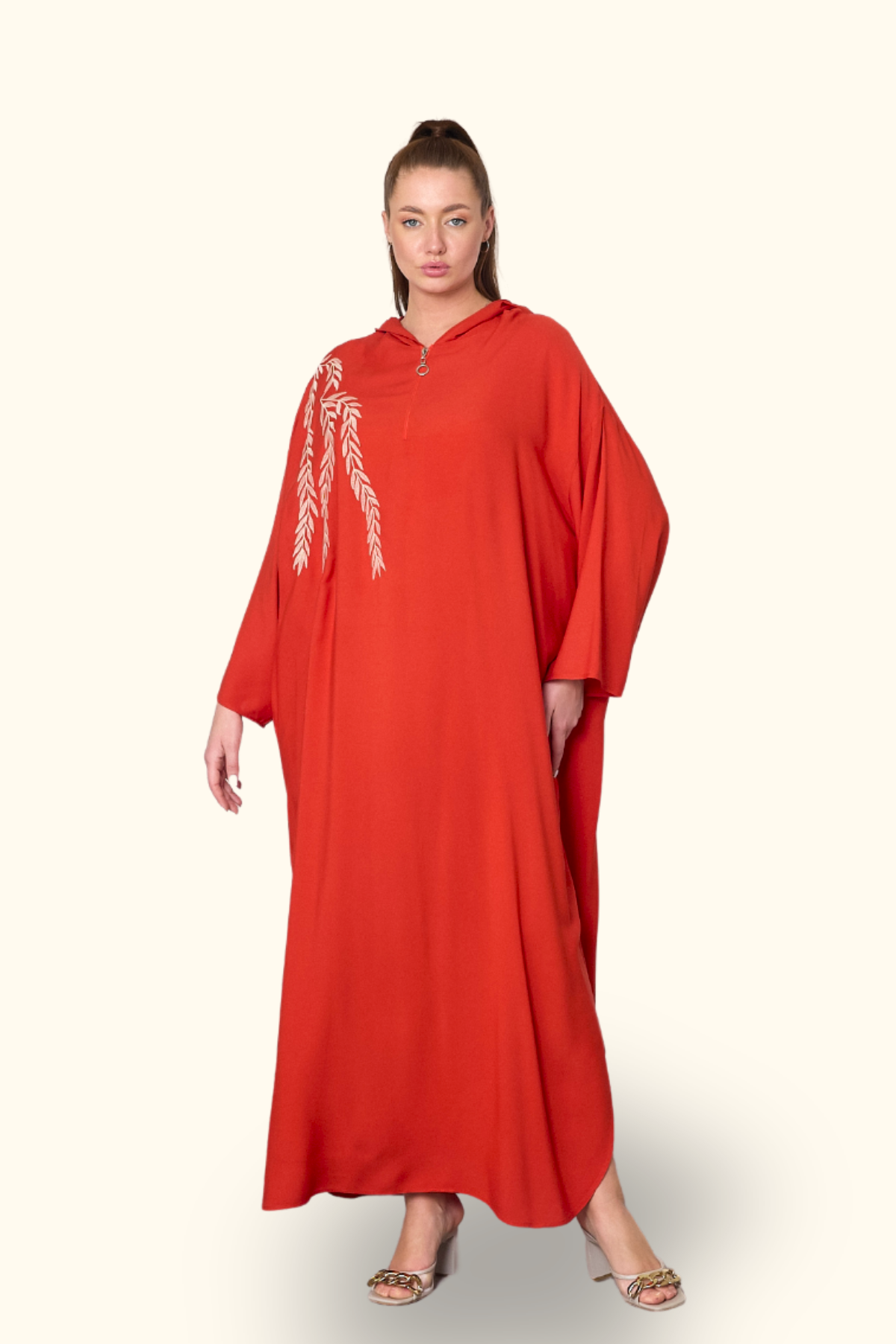 Kiremit Rengi Kapüşonlu Nakışlı Cepli Oversize Uzun Elbise