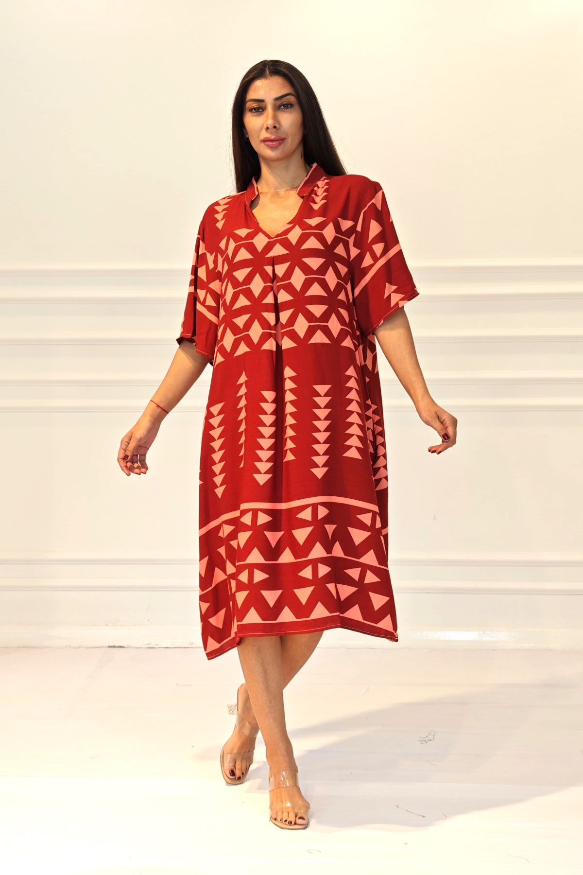 Kiremit Rengi V Yaka Desenli Cepli Midi Elbise