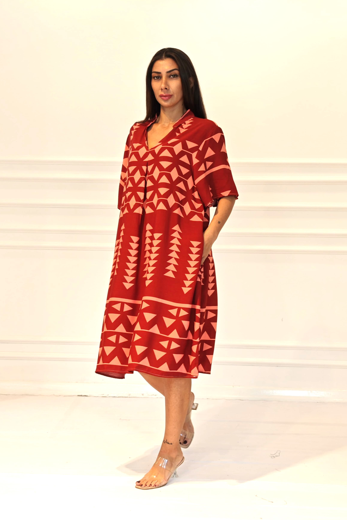 Kiremit Rengi V Yaka Desenli Cepli Midi Elbise