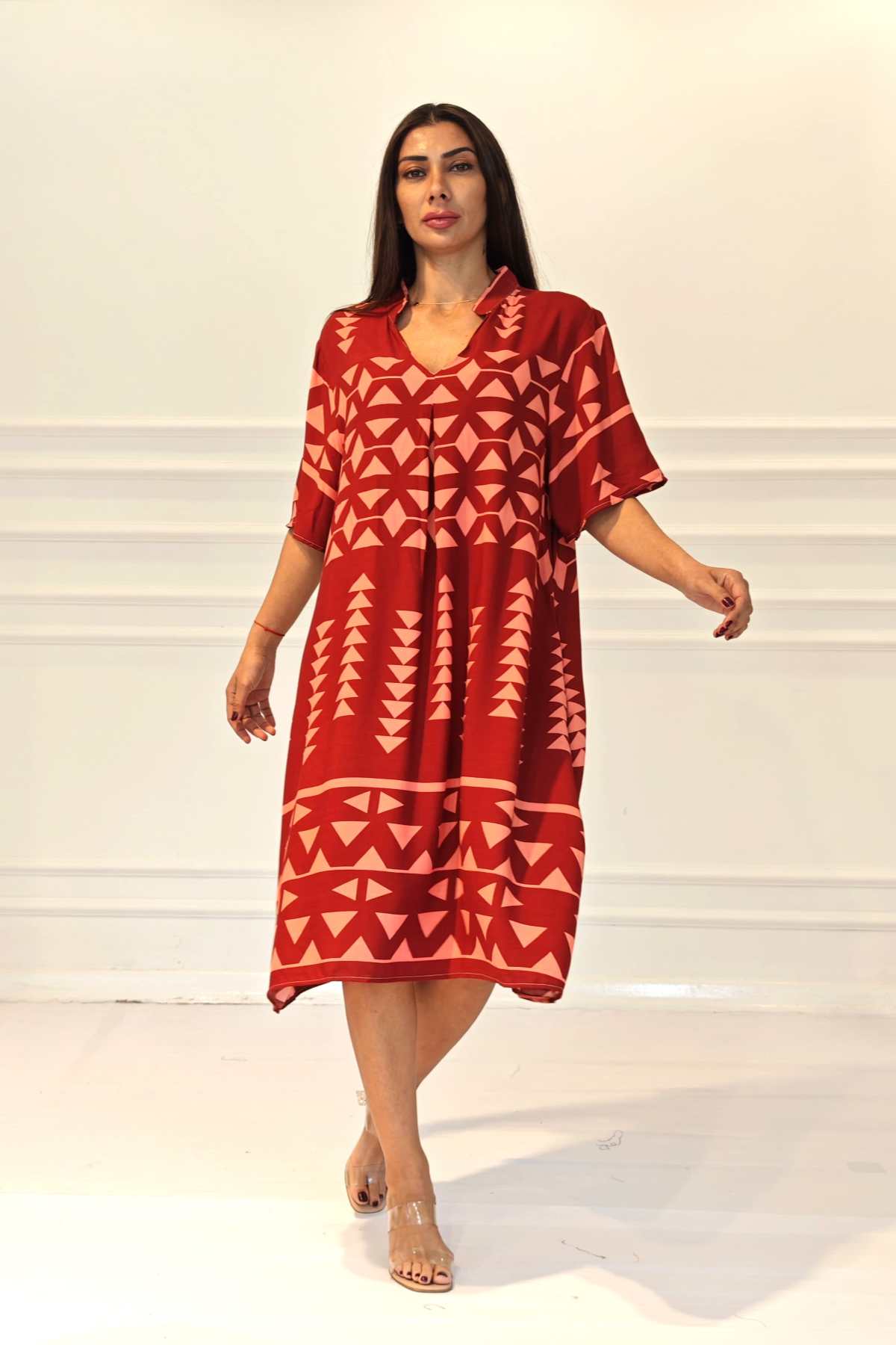 Kiremit Rengi V Yaka Desenli Cepli Midi Elbise