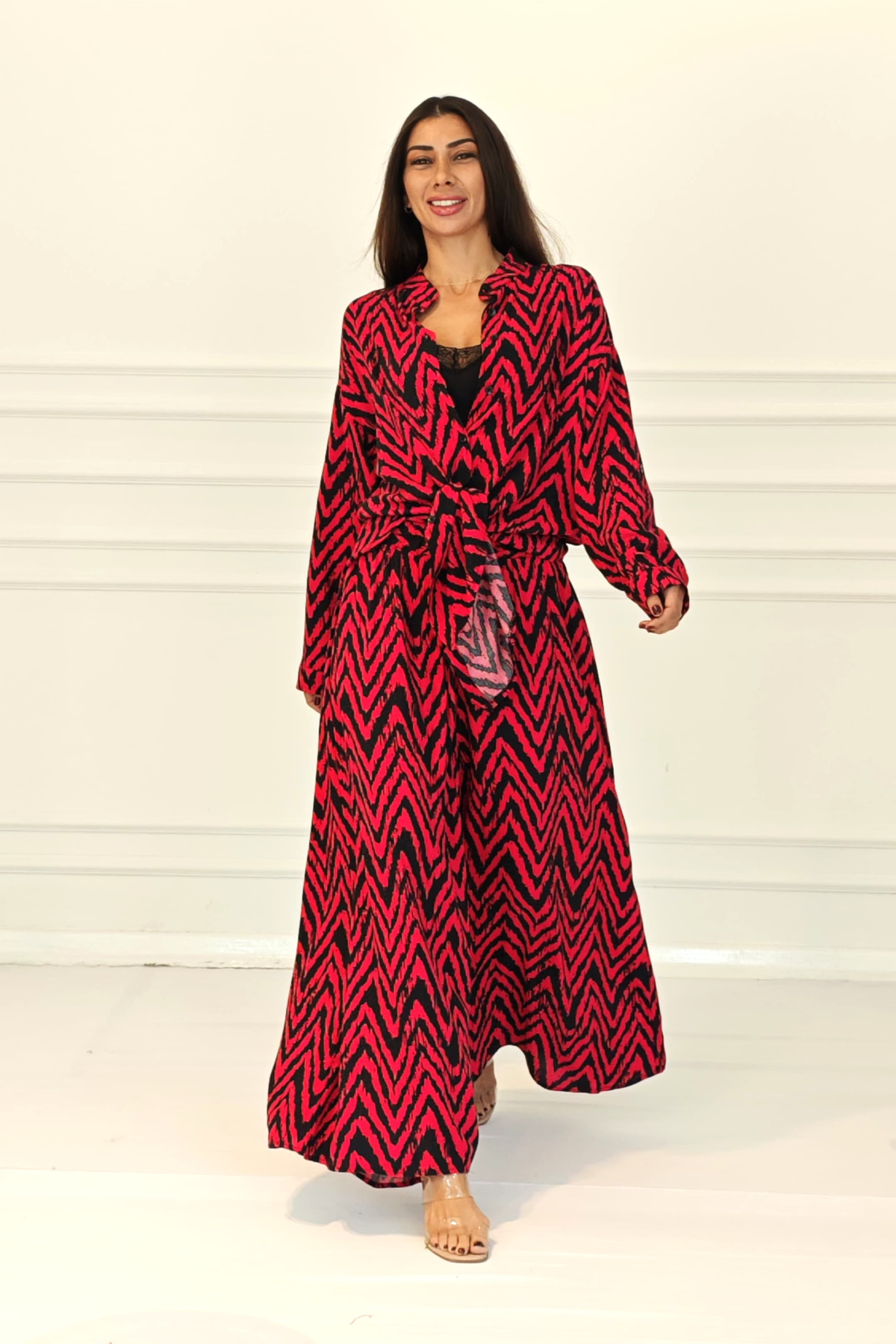 Kırmızı Desenli Kolu Apoletli Cepli Gömlek Pantolon Takım