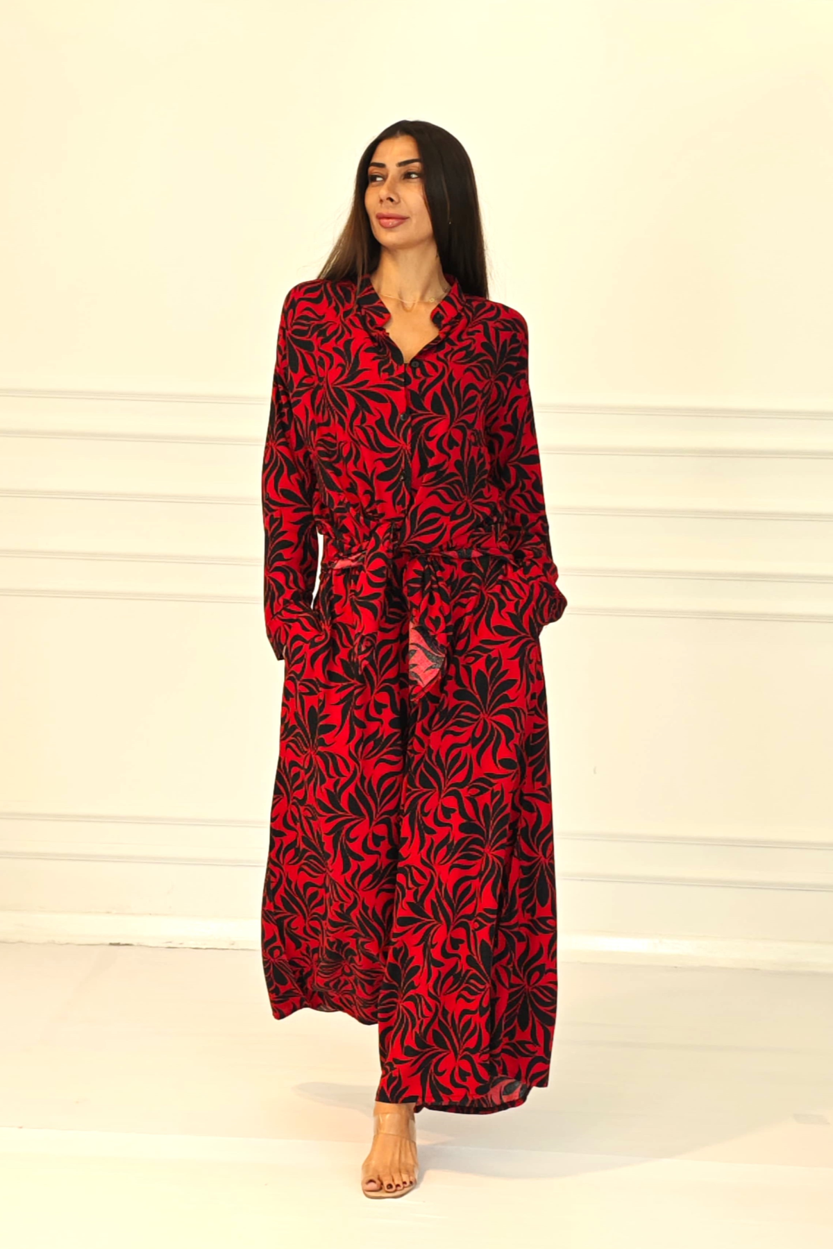 Kırmızı Desenli Kolu Apoletli Cepli Gömlek Pantolon Takım