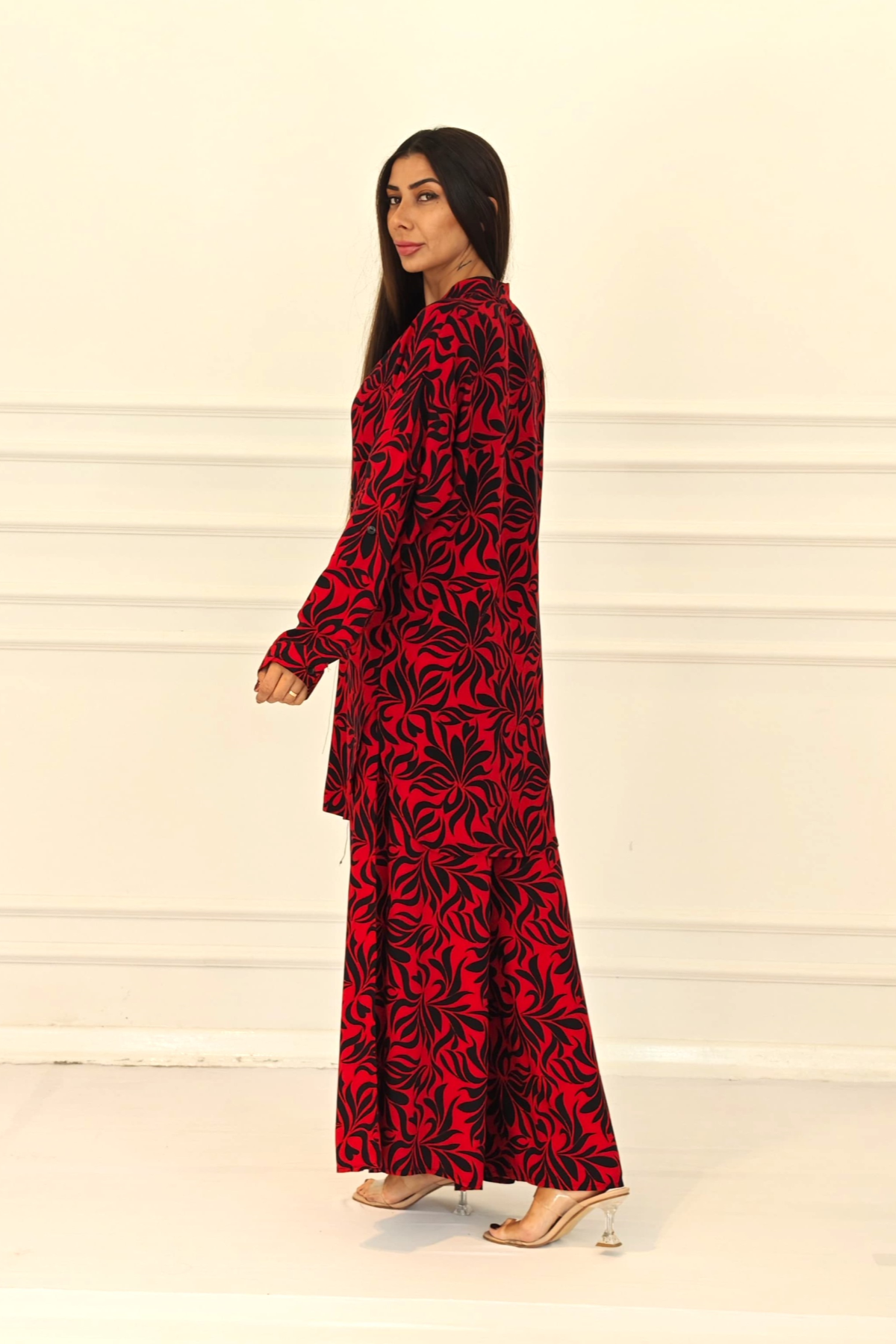 Kırmızı Desenli Kolu Apoletli Cepli Gömlek Pantolon Takım