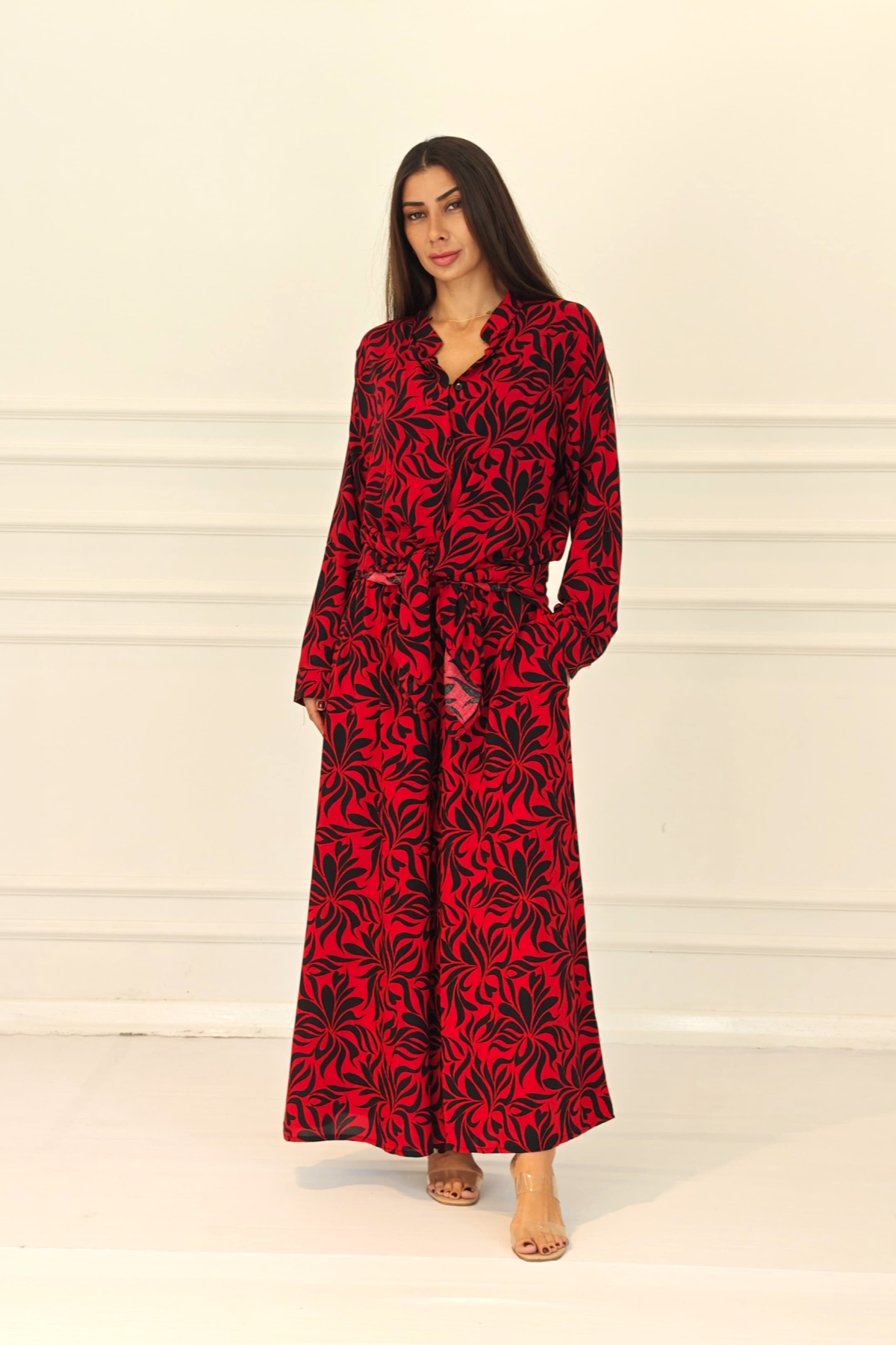 Kırmızı Desenli Kolu Apoletli Cepli Gömlek Pantolon Takım