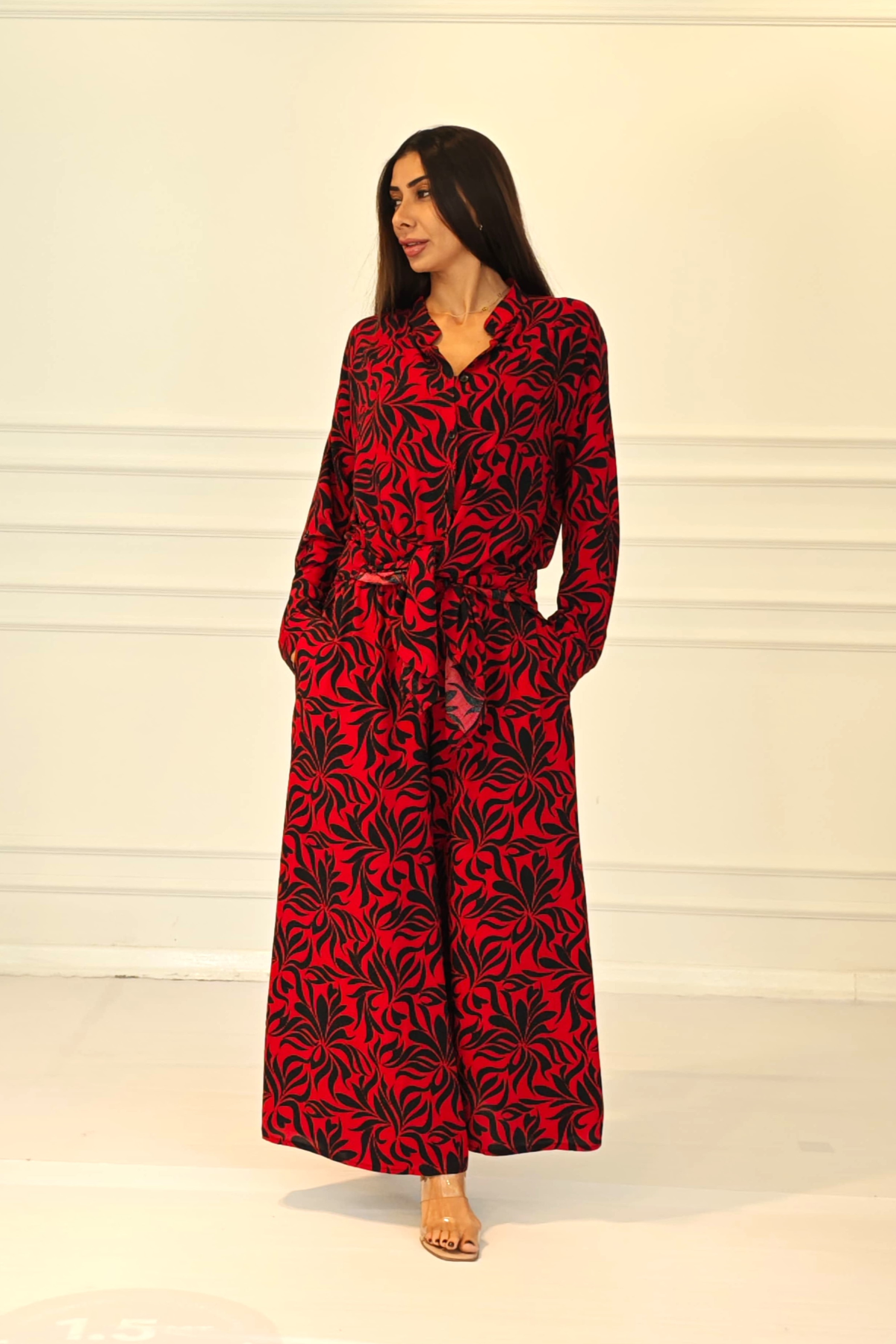 Kırmızı Desenli Kolu Apoletli Cepli Gömlek Pantolon Takım