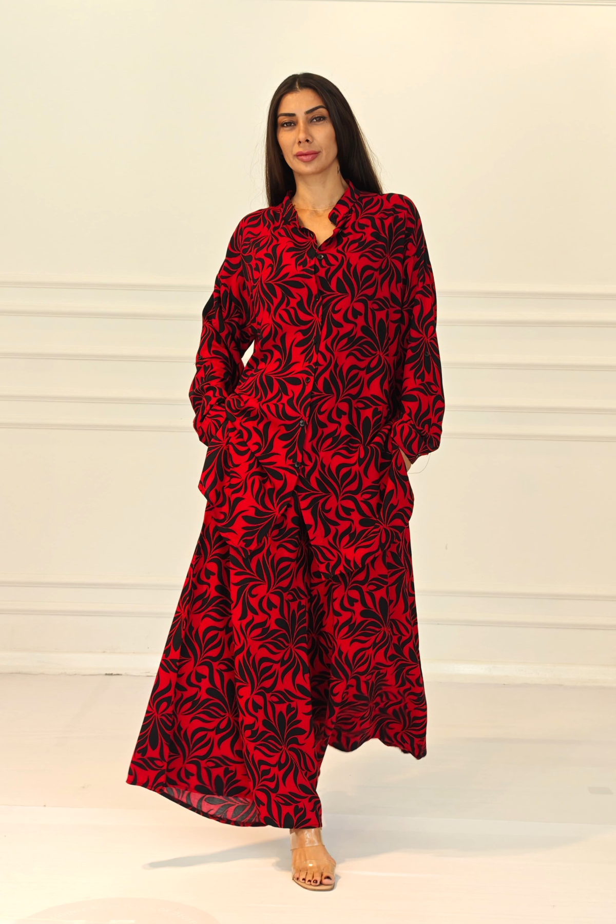 Kırmızı Desenli Kolu Apoletli Cepli Gömlek Pantolon Takım