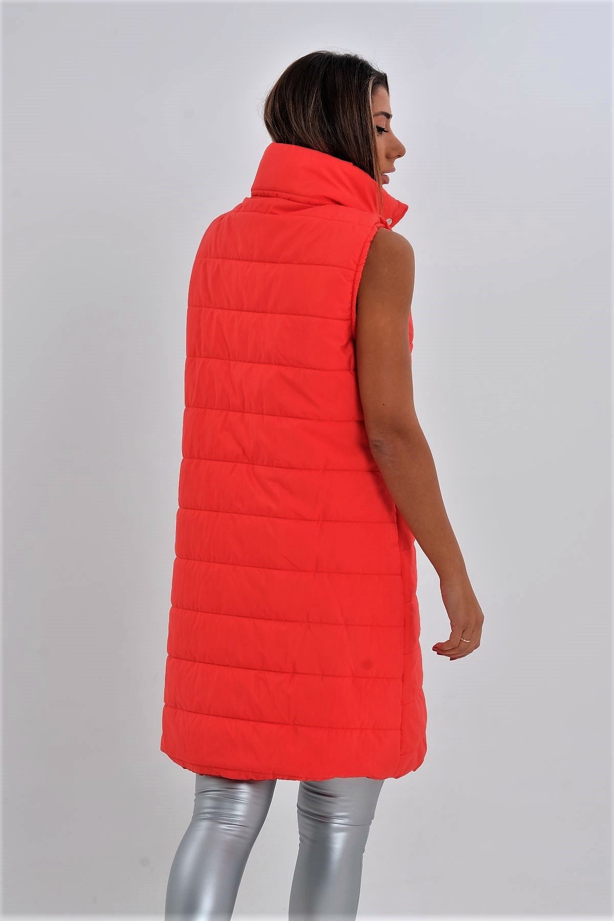 Kırmızı Dik Yaka Cep Detaylı Uzun Şişme Yelek