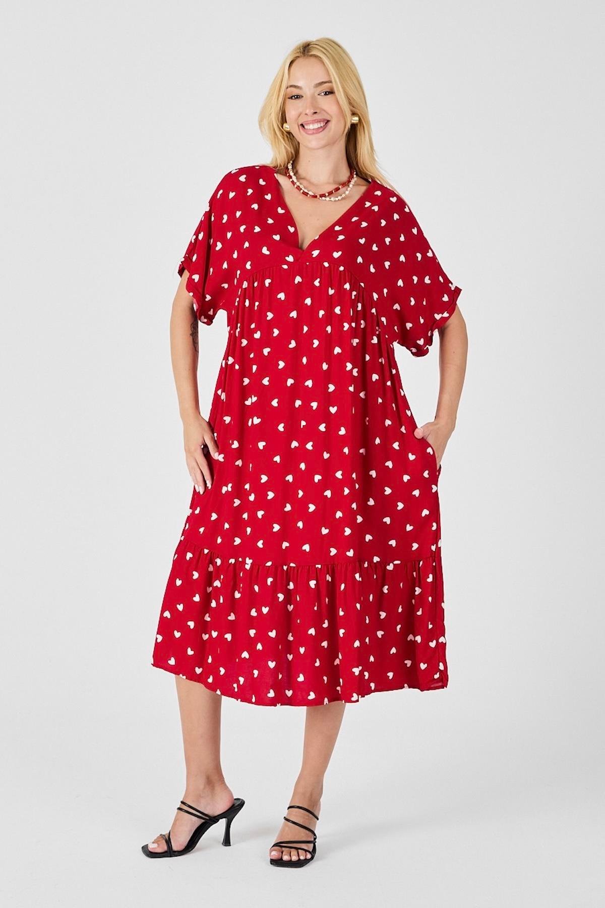 Kırmızı Puantiyeli V Yaka Etekleri Fırfırlı Cepli Elbise
