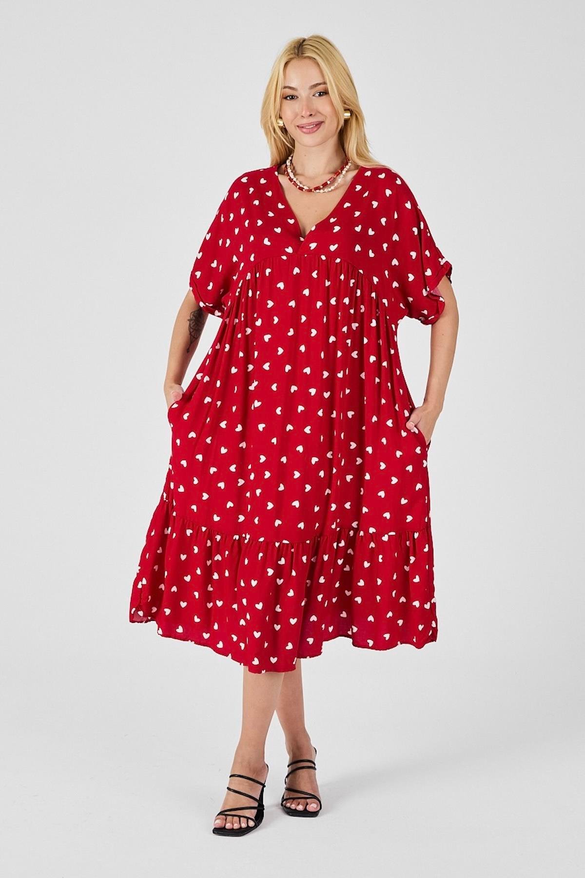 Kırmızı Puantiyeli V Yaka Etekleri Fırfırlı Cepli Elbise