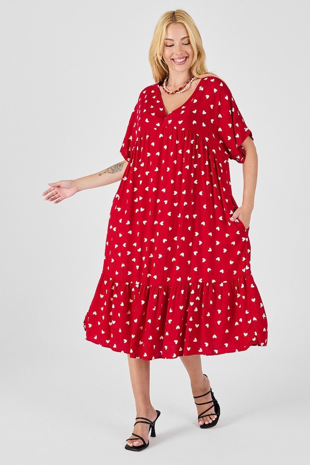 Kırmızı Puantiyeli V Yaka Etekleri Fırfırlı Cepli Elbise