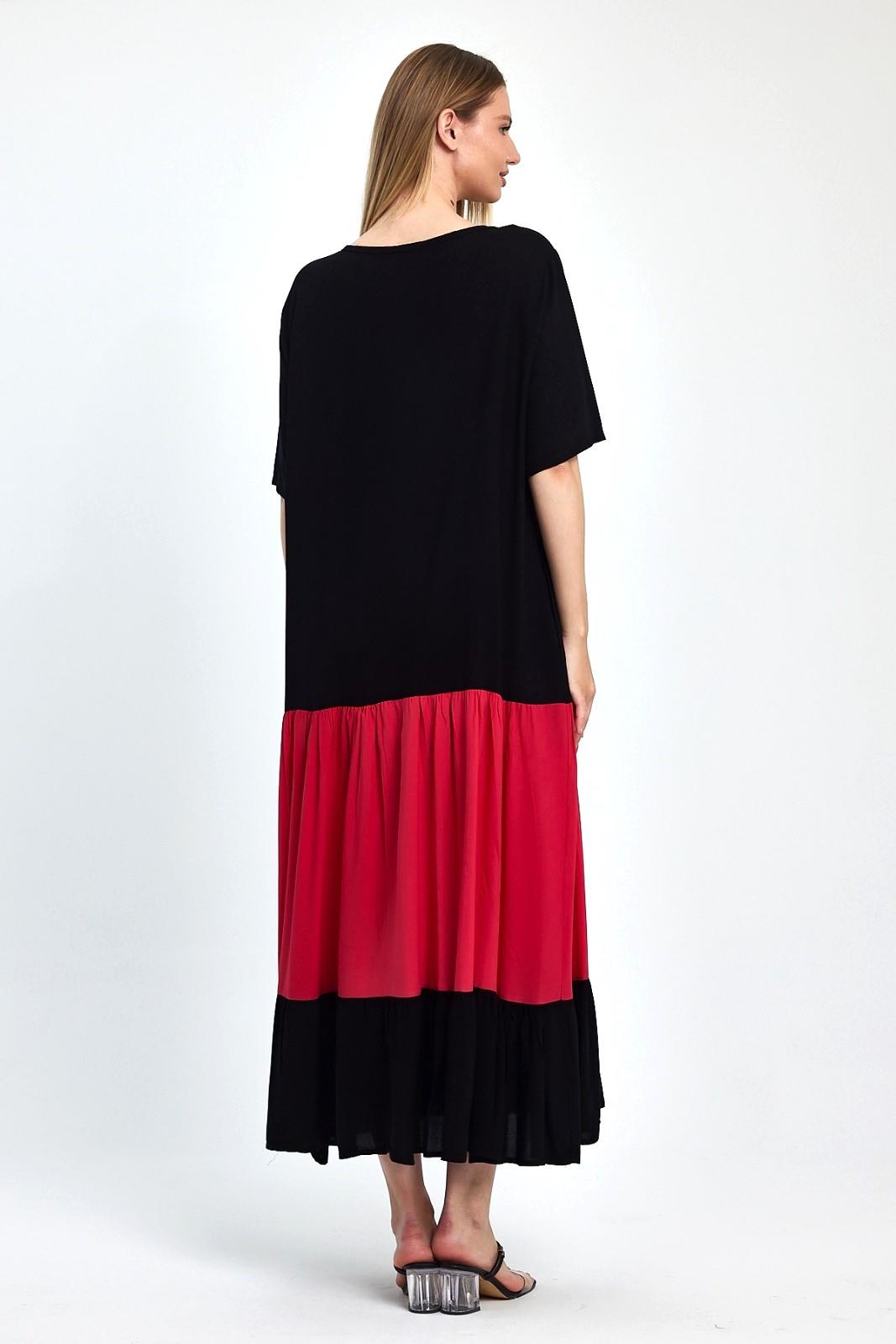 Kırmızı Siyah Garnili Kayık Yaka Kısa Kollu Aplike Lale Nakışlı Uzun Elbise