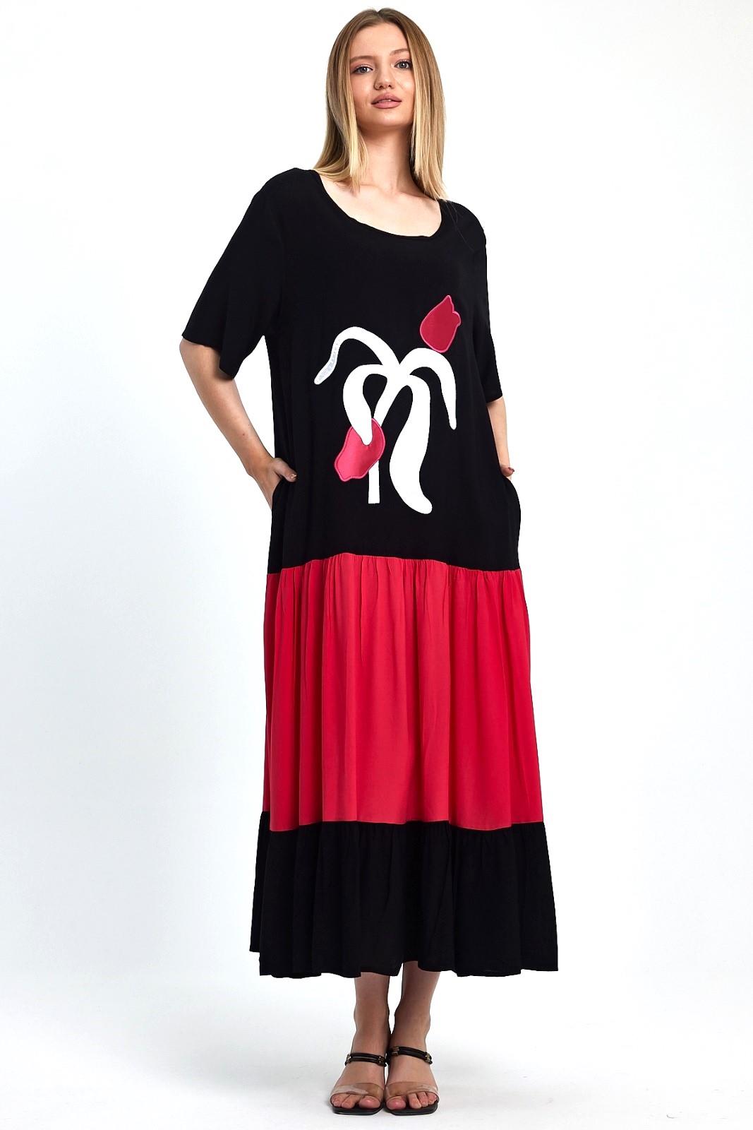 Kırmızı Siyah Garnili Kayık Yaka Kısa Kollu Aplike Lale Nakışlı Uzun Elbise