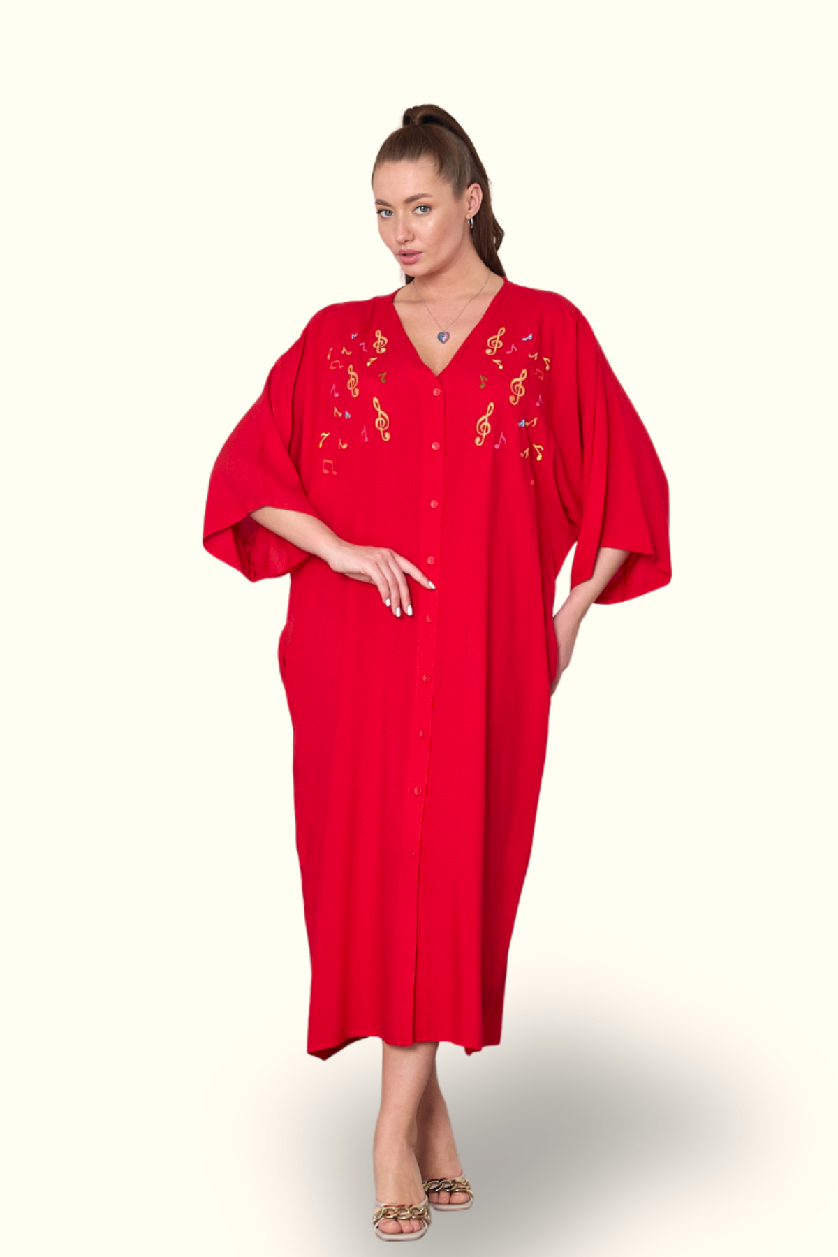 Kırmızı V Yaka Önü Nota Nakışlı Cepli Oversize Uzun Gömlek Elbise