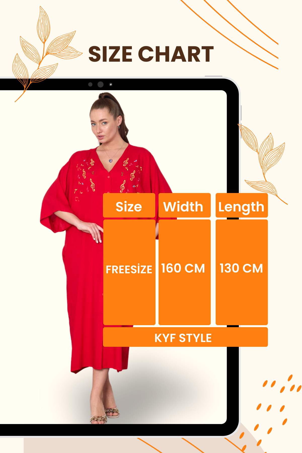 Kırmızı V Yaka Önü Nota Nakışlı Cepli Oversize Uzun Gömlek Elbise