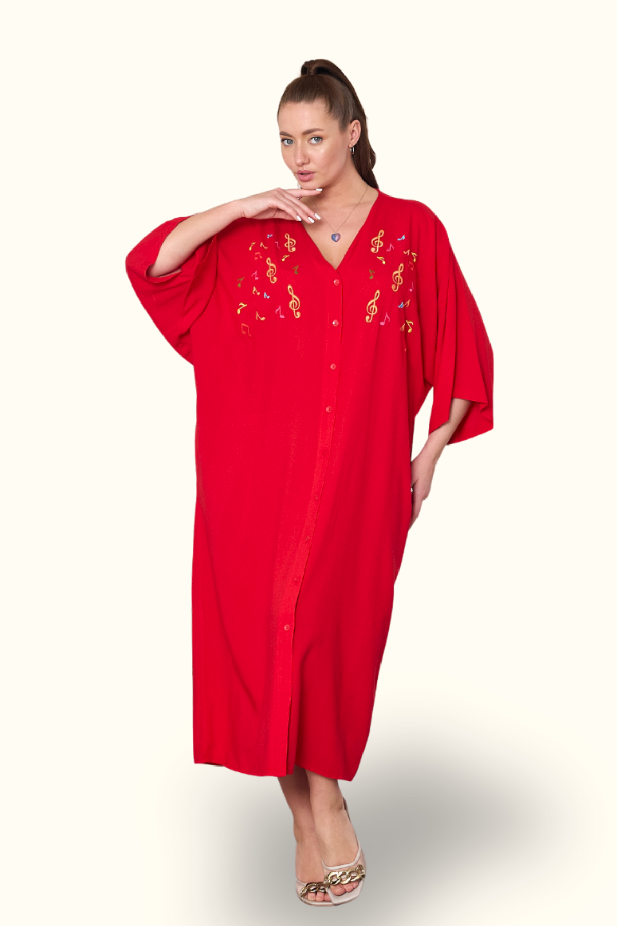 Kırmızı V Yaka Önü Nota Nakışlı Cepli Oversize Uzun Gömlek Elbise