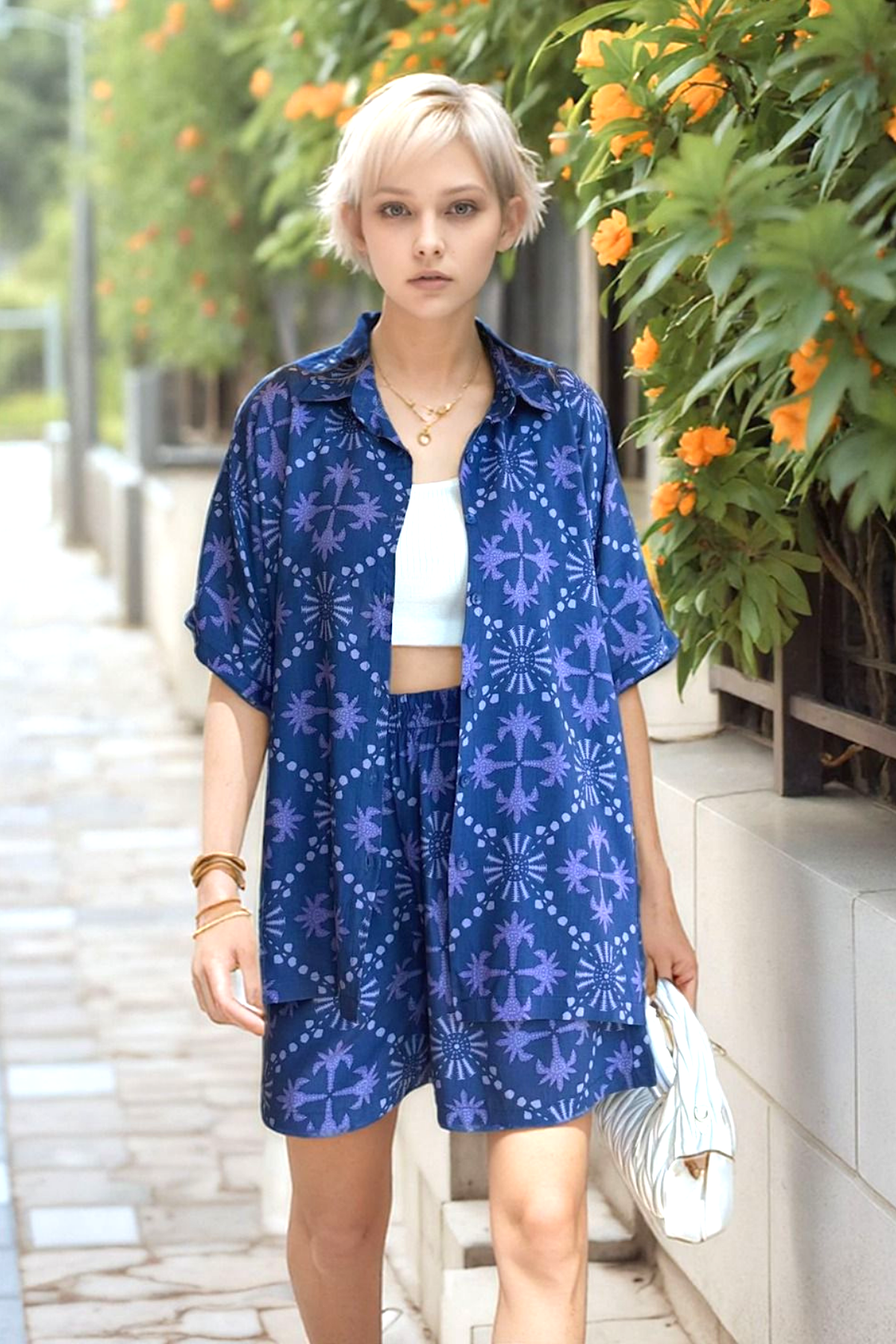 Lacivert Desenli Gömleği Kısa Kollu Gömlek Şort Takım
