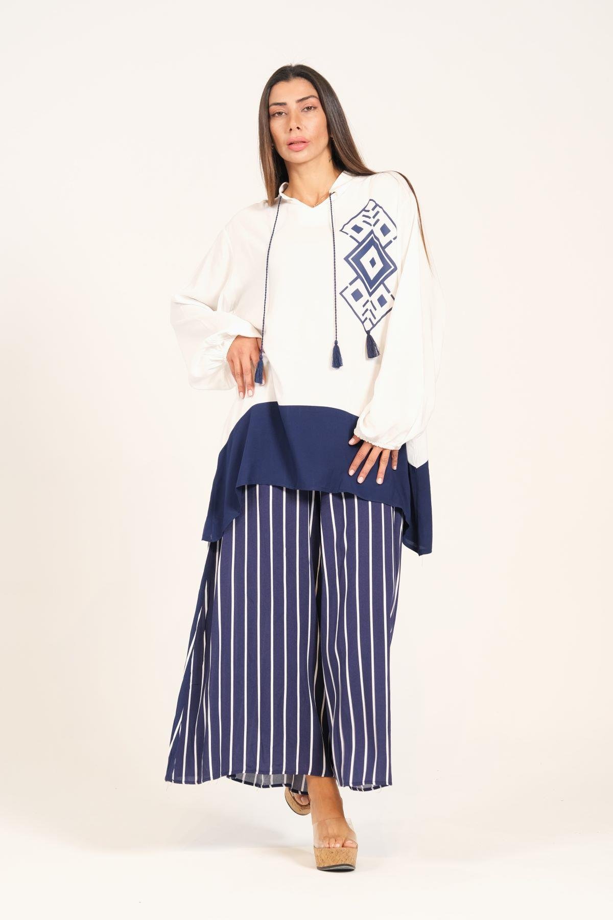 Lacivert Desenli Püsküllü Pantolonu Çizgili Cepli Tunik Pantolon İkili Takım