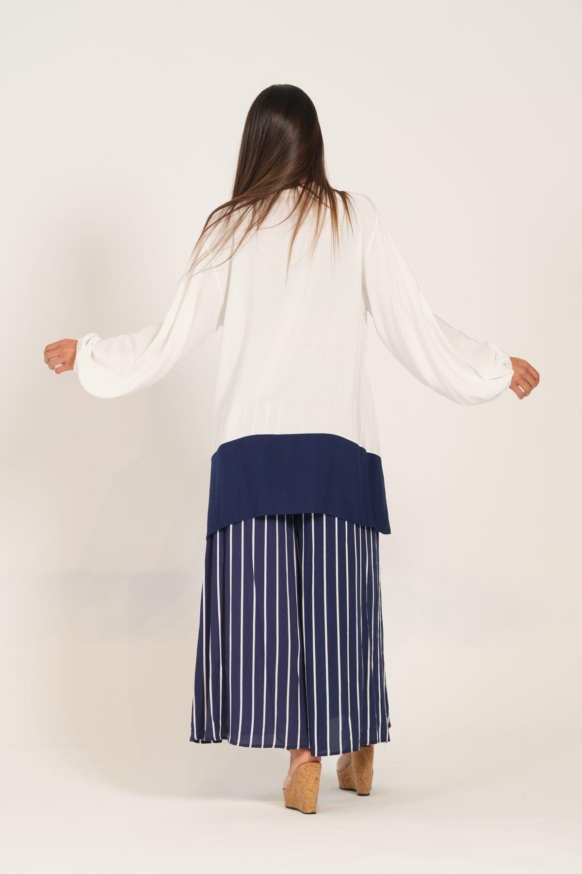 Lacivert Desenli Püsküllü Pantolonu Çizgili Cepli Tunik Pantolon İkili Takım