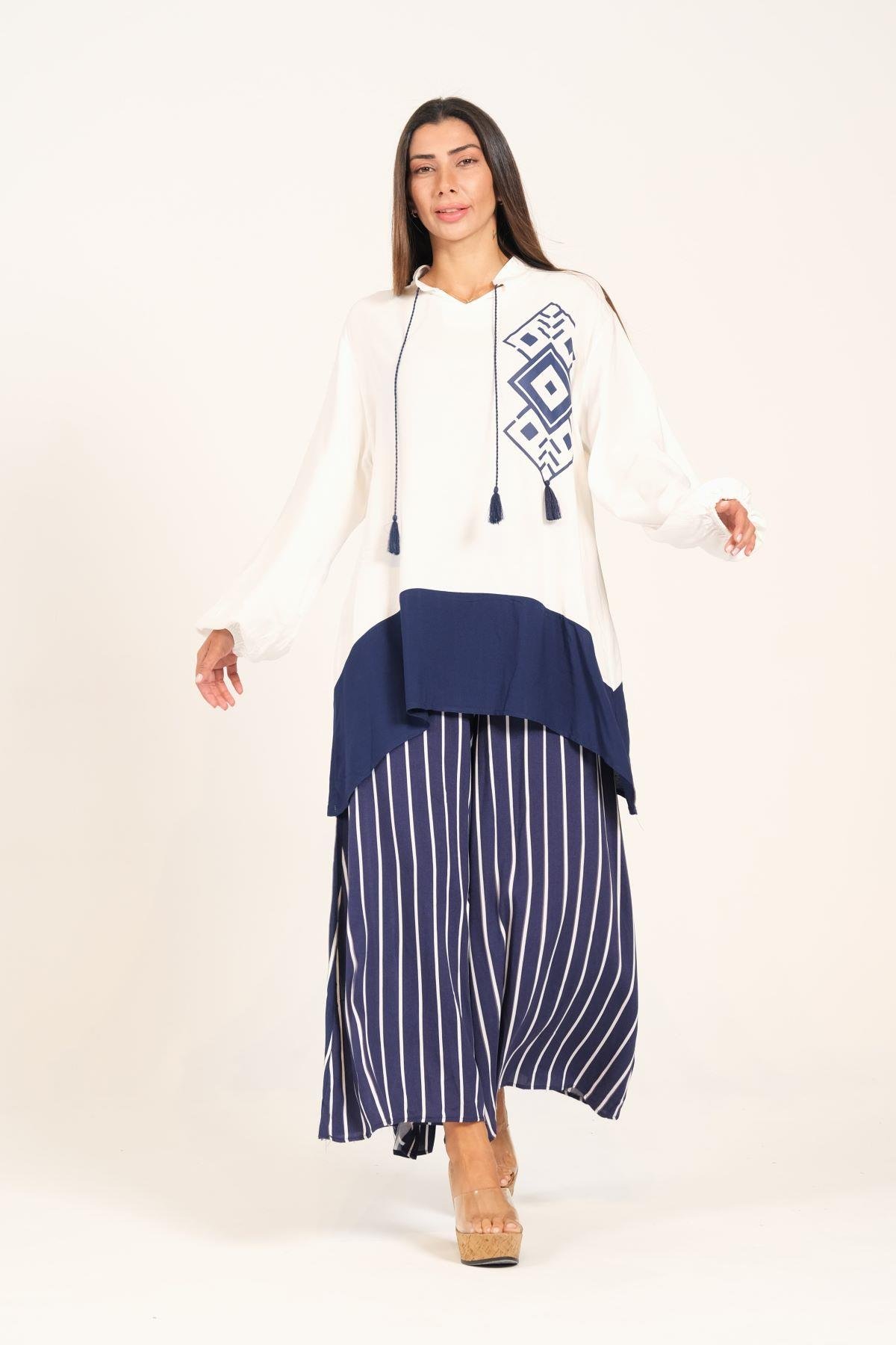 Lacivert Desenli Püsküllü Pantolonu Çizgili Cepli Tunik Pantolon İkili Takım