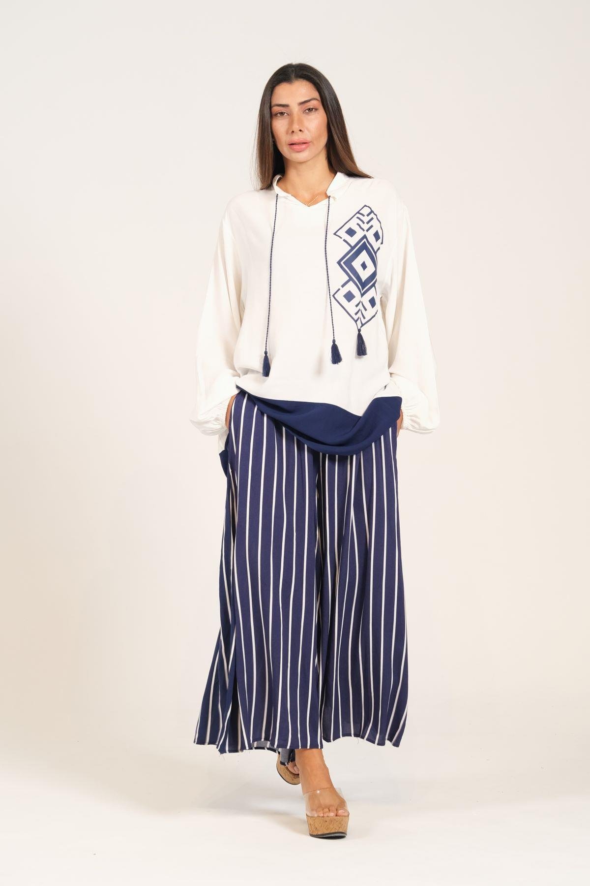 Lacivert Desenli Püsküllü Pantolonu Çizgili Cepli Tunik Pantolon İkili Takım